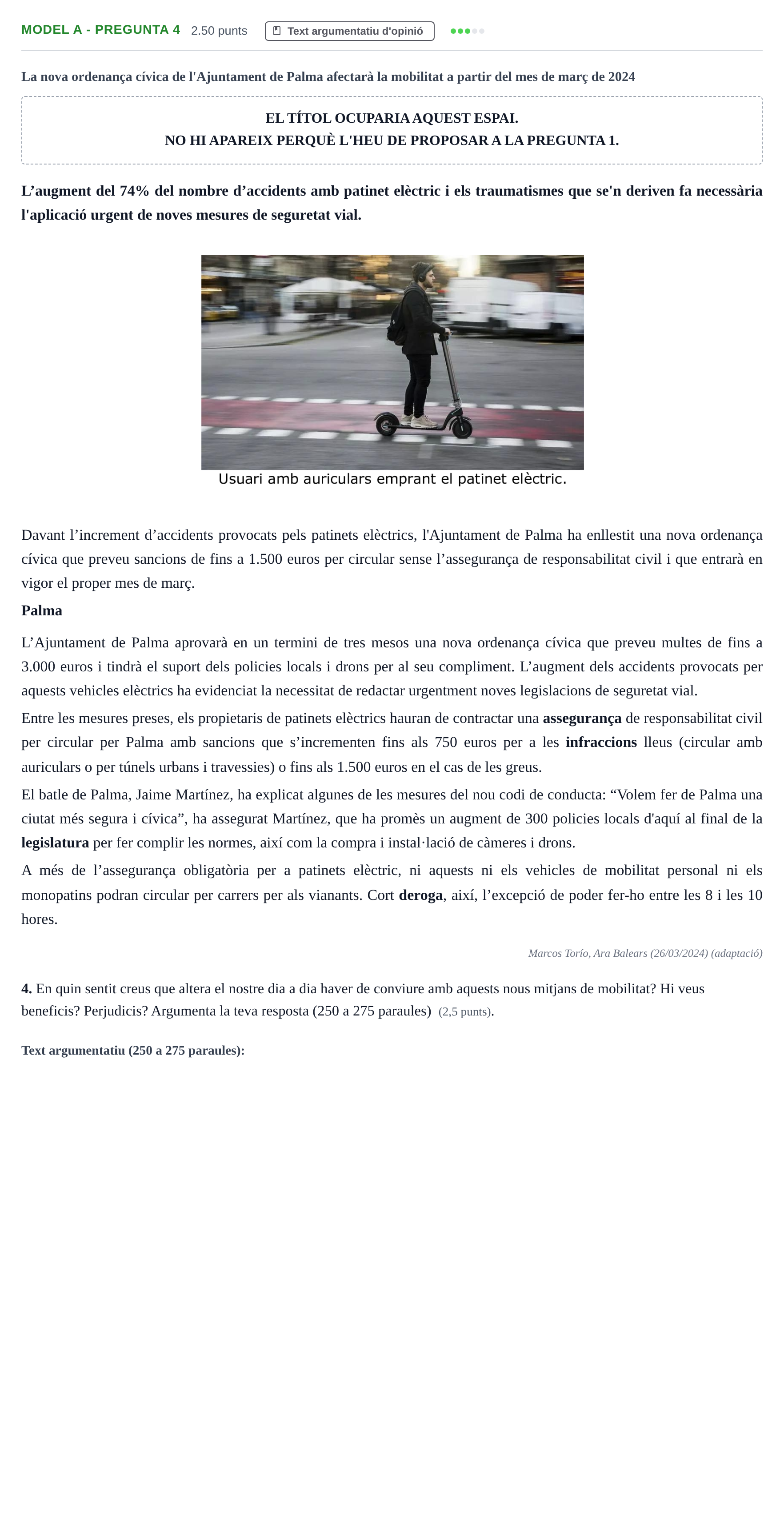 Enunciado: Ejercicio Model A - Pregunta 4 · Lengua Catalana y Literatura II PAU Baleares Extraordinaria 2024