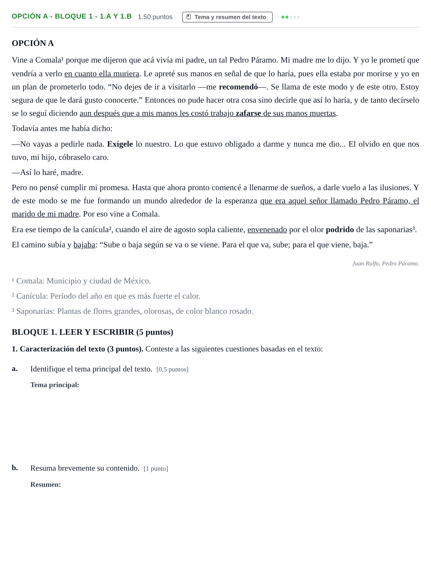 Enunciado: Opción A - Bloque 1 - 1.a y 1.b · Lengua Castellana y Literatura II PAU Baleares Ordinaria 2024