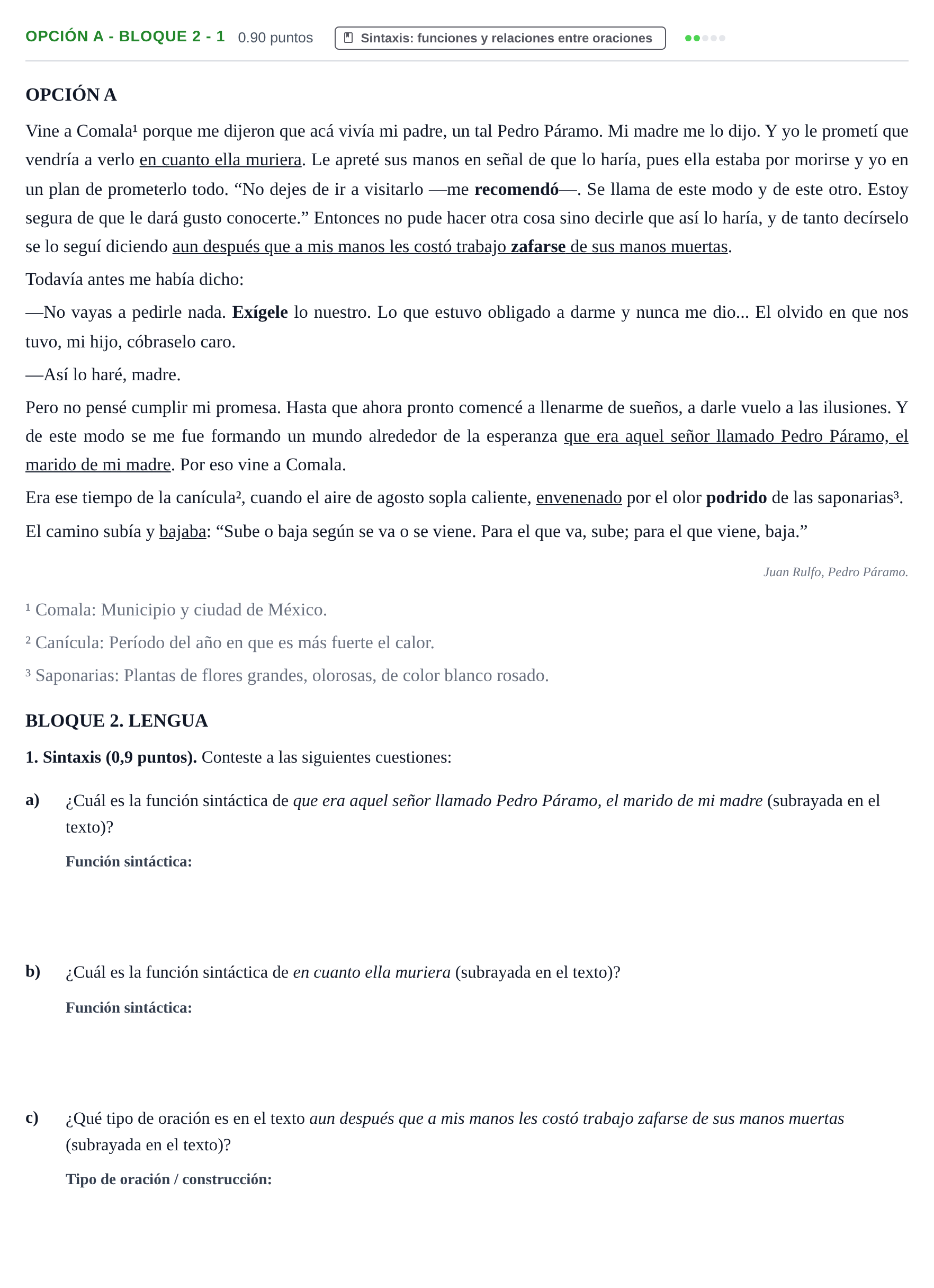 Enunciado: Opción A - Bloque 2 - 1 · Lengua Castellana y Literatura II PAU Baleares Ordinaria 2024