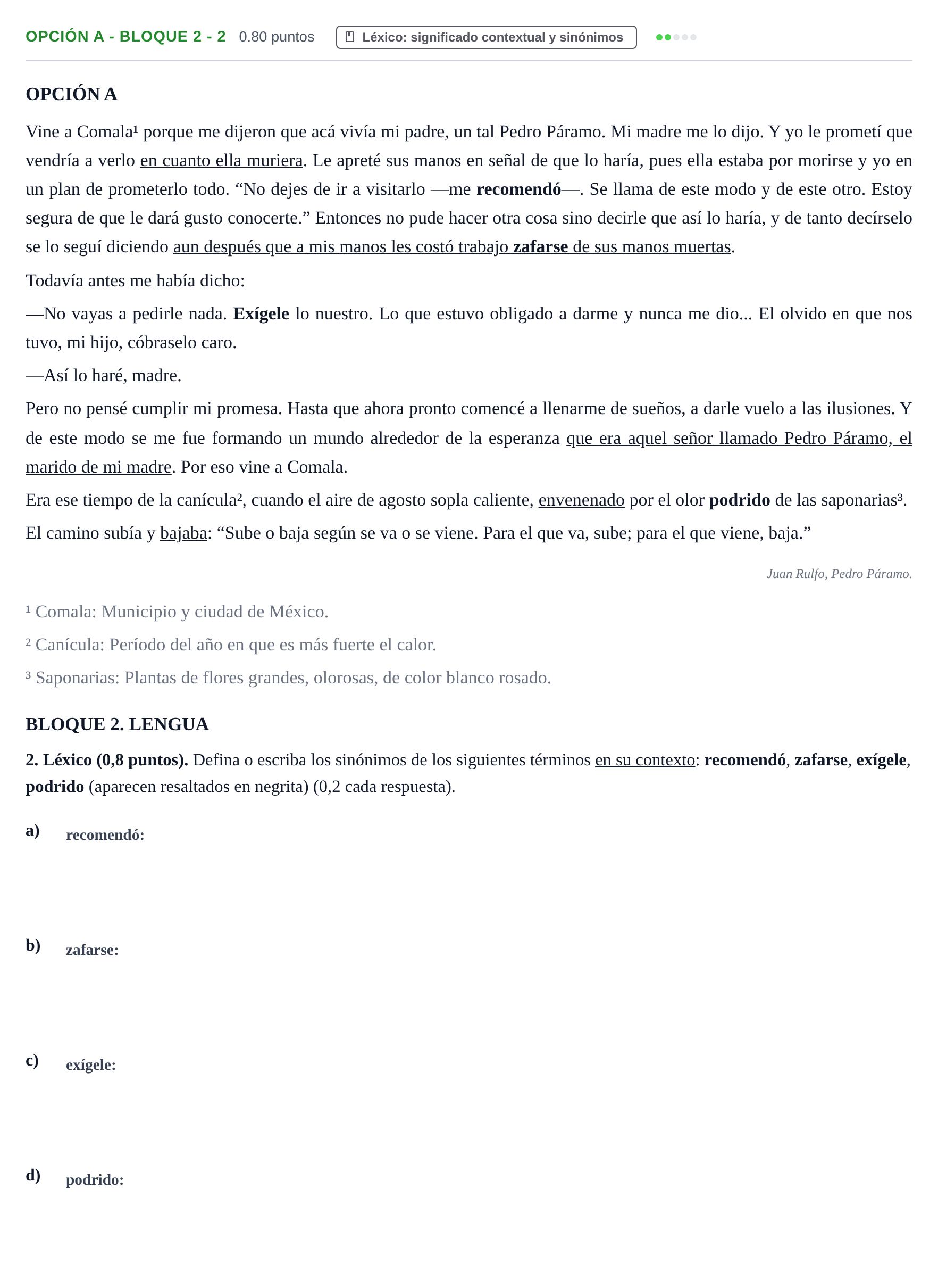 Enunciado: Opción A - Bloque 2 - 2 · Lengua Castellana y Literatura II PAU Baleares Ordinaria 2024