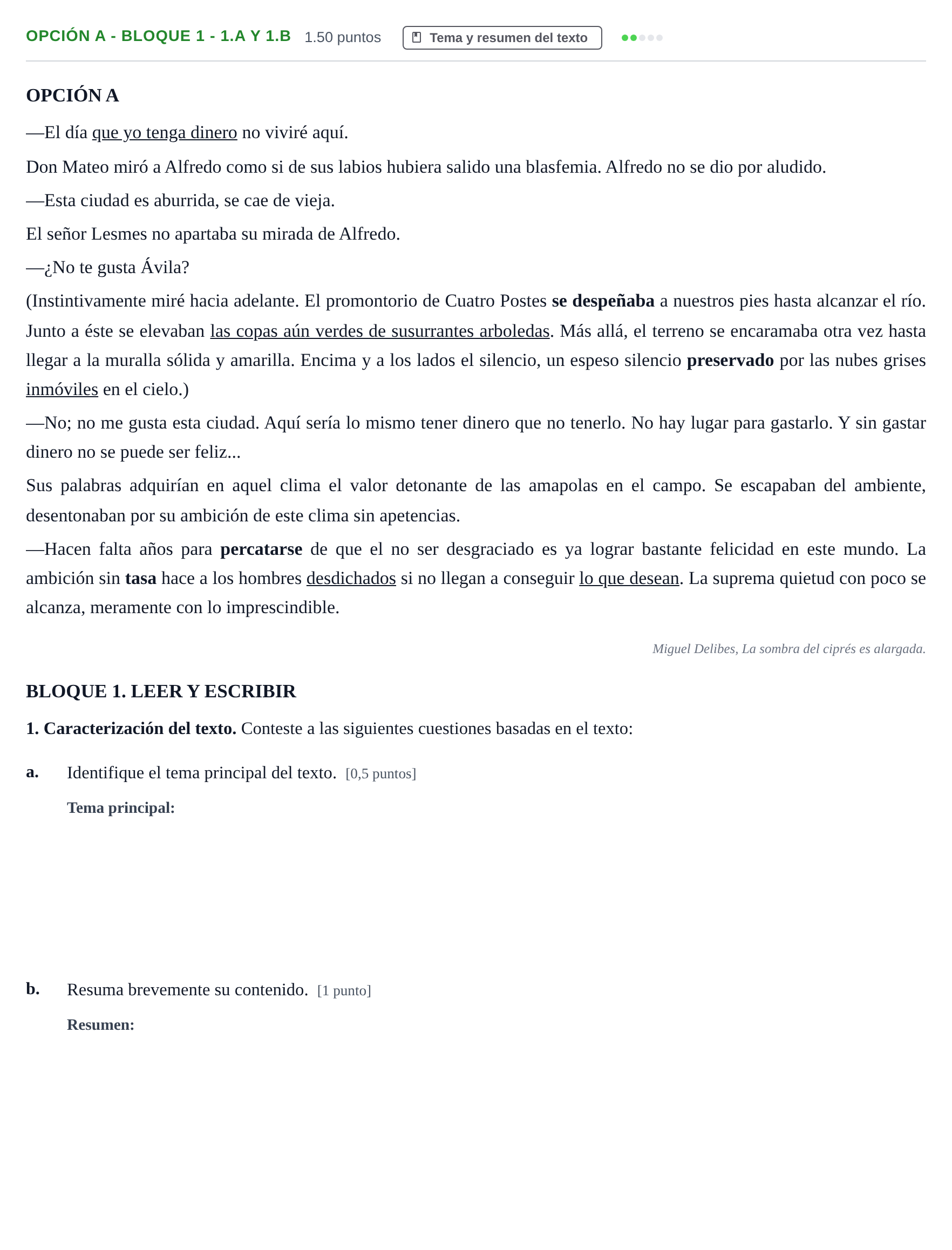 Enunciado: Opción A - Bloque 1 - 1.a y 1.b · Lengua Castellana y Literatura II PAU Baleares Extraordinaria 2024