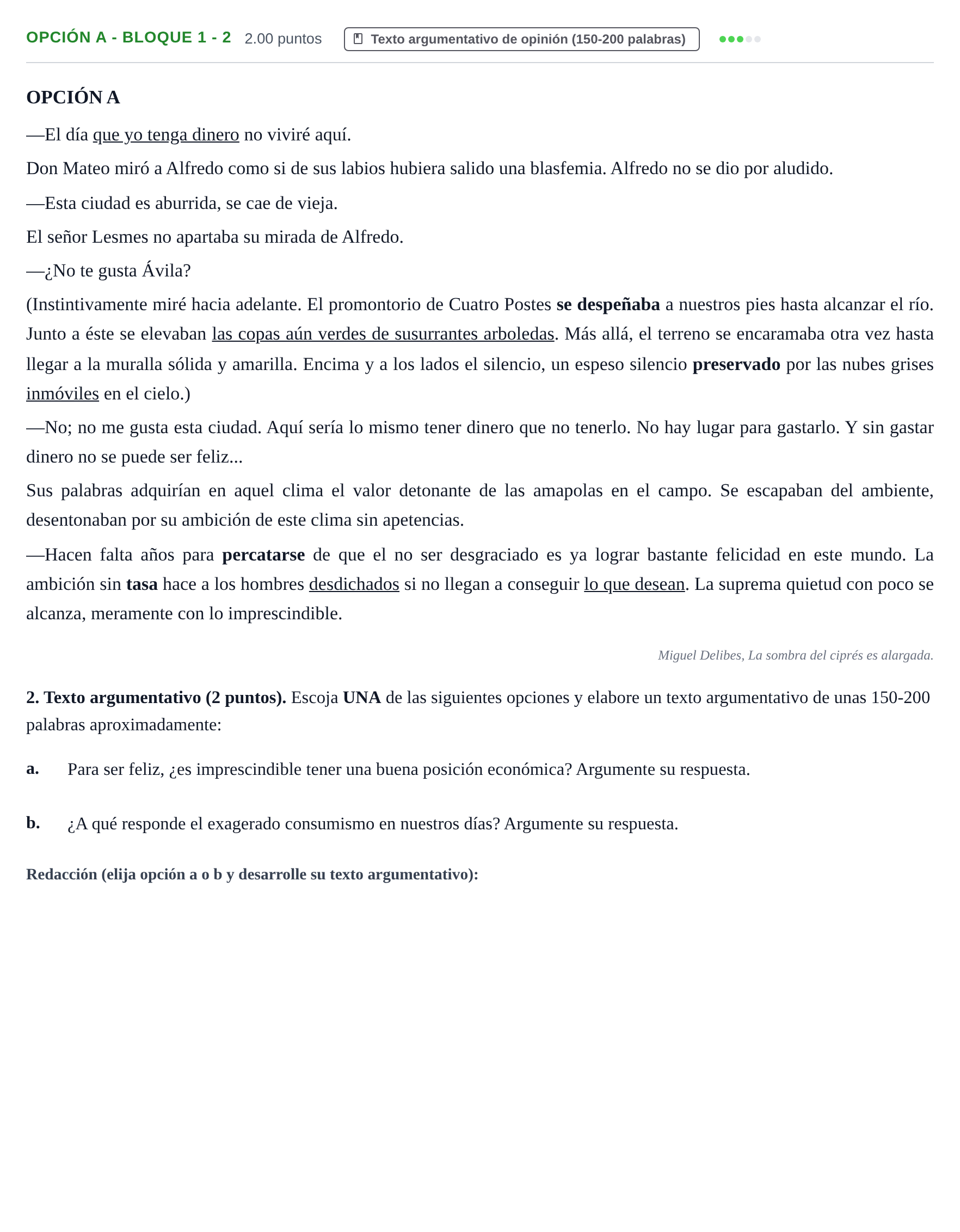Enunciado: Opción A - Bloque 1 - 2 · Lengua Castellana y Literatura II PAU Baleares Extraordinaria 2024