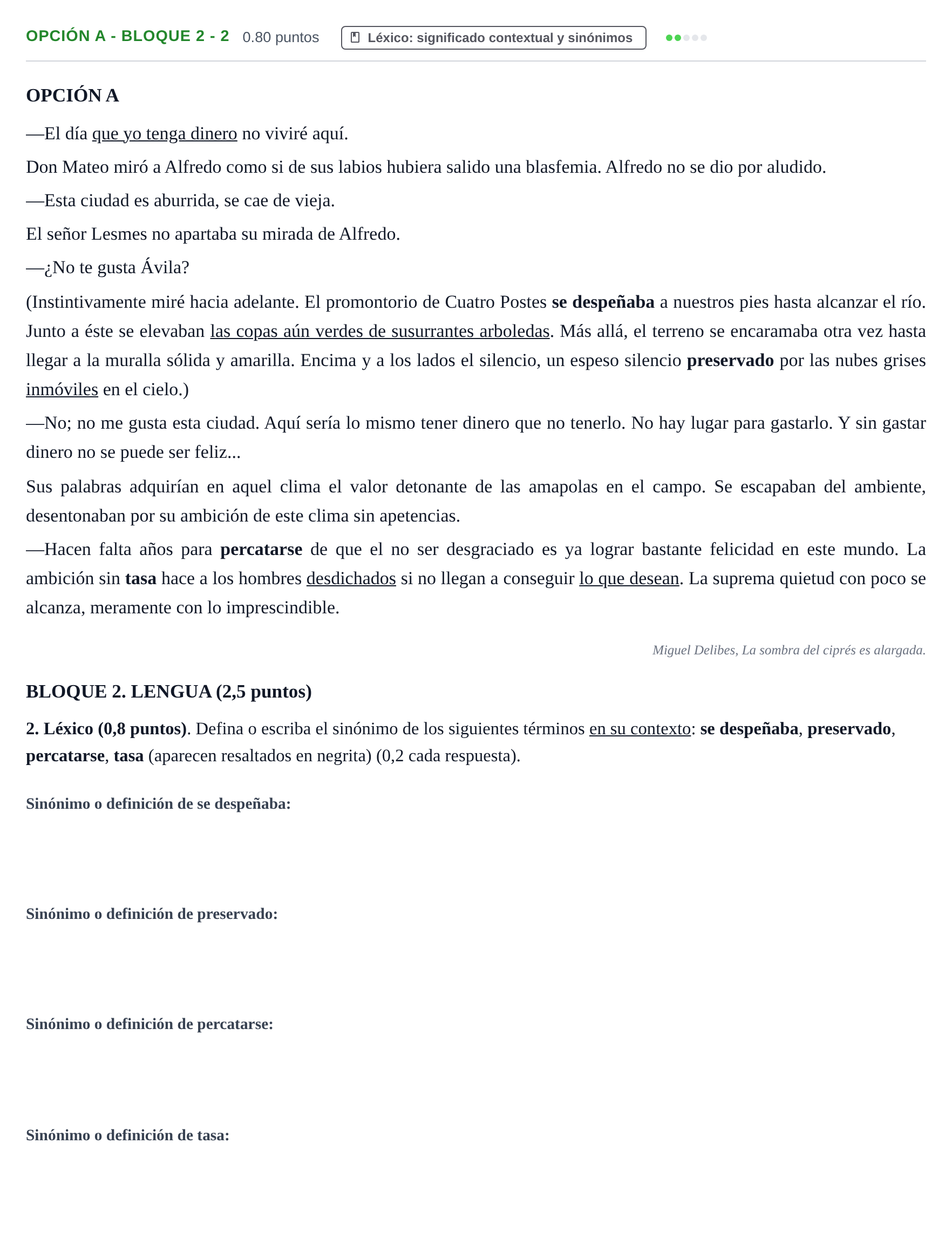 Enunciado: Opción A - Bloque 2 - 2 · Lengua Castellana y Literatura II PAU Baleares Extraordinaria 2024
