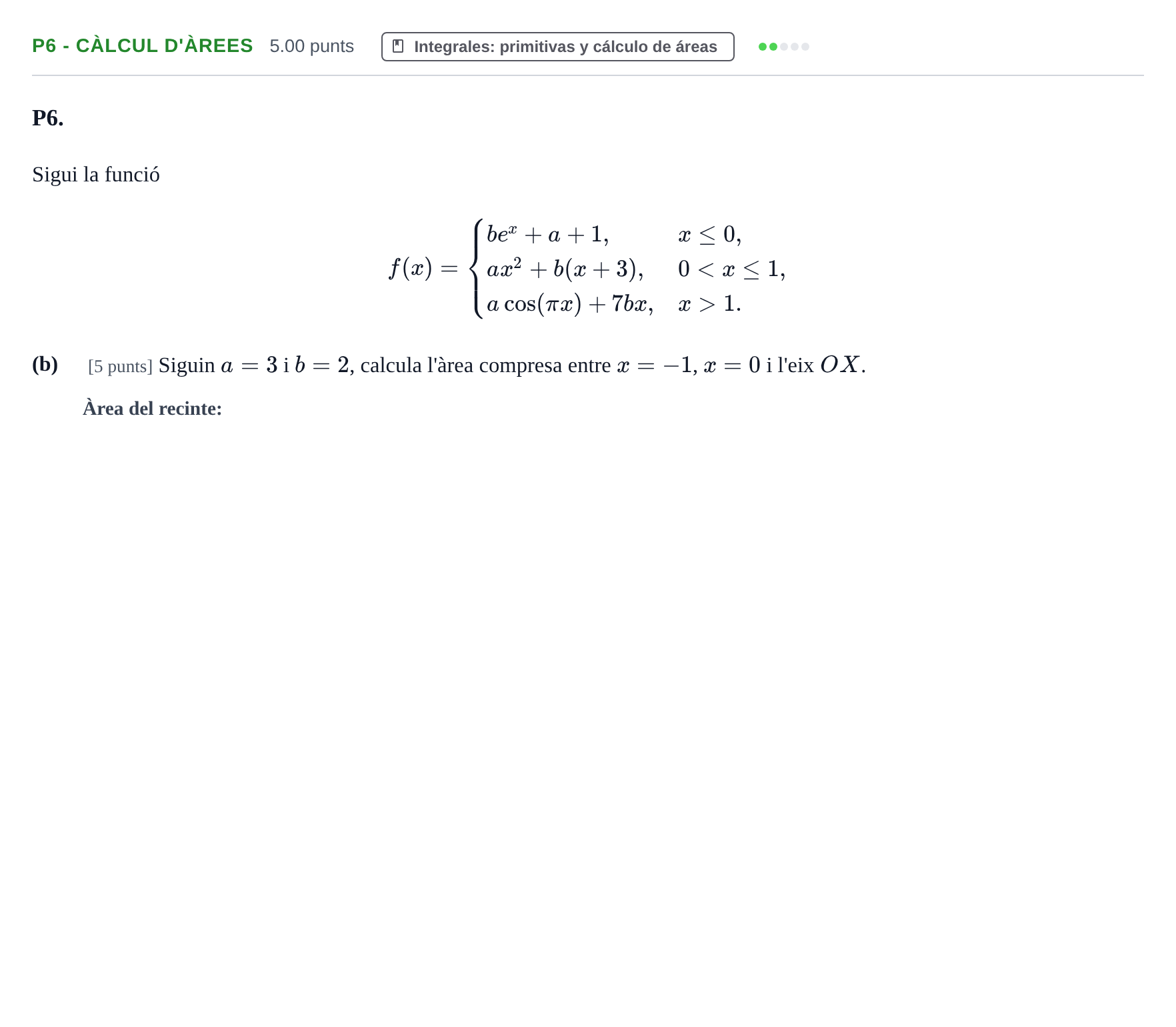 Enunciado: Ejercicio P6 - Càlcul d'àrees · Matemáticas II PAU Baleares Ordinaria 2024