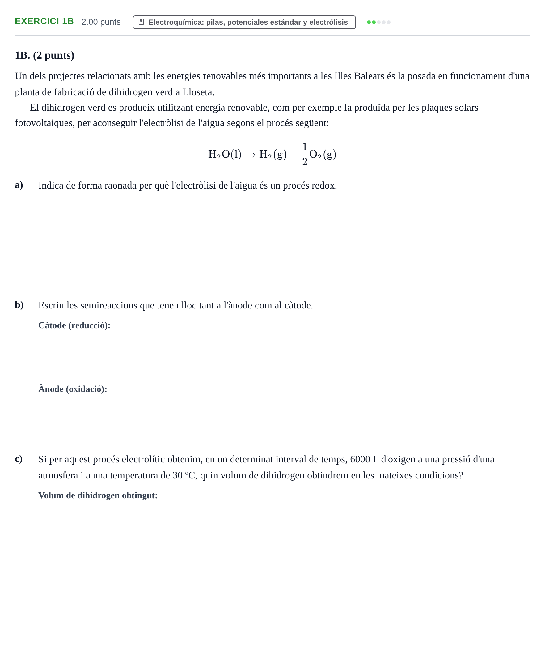 Enunciado: Ejercicio 1B · Química PAU Baleares Extraordinaria 2024