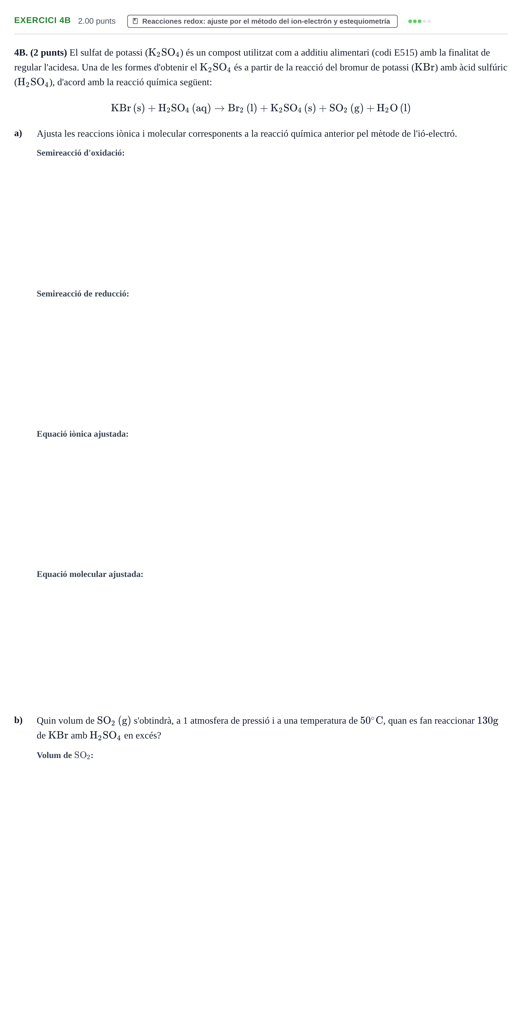 Enunciado: Ejercicio 4B · Química PAU Baleares Ordinaria 2024
