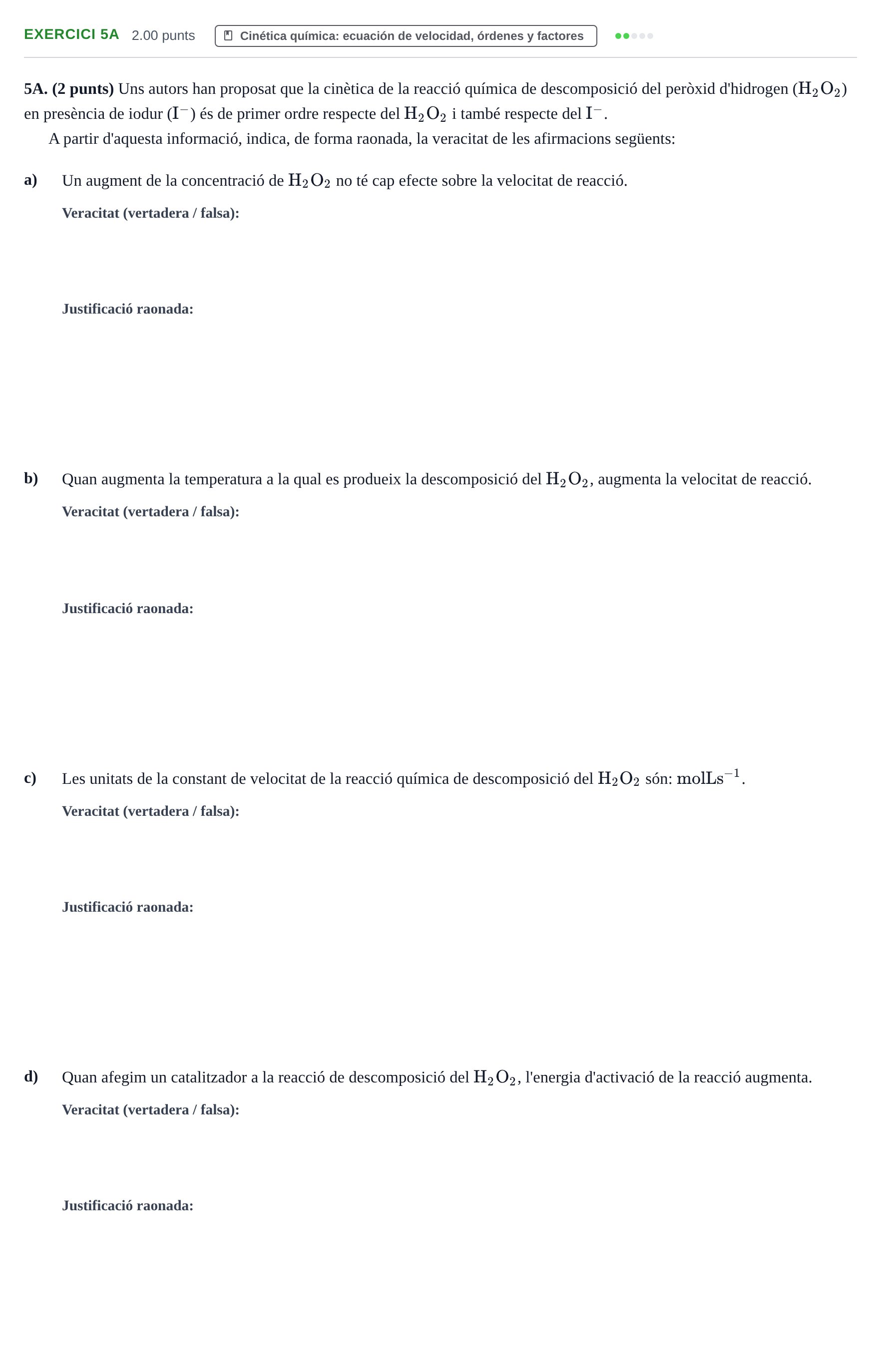 Enunciado: Ejercicio 5A · Química PAU Baleares Ordinaria 2024