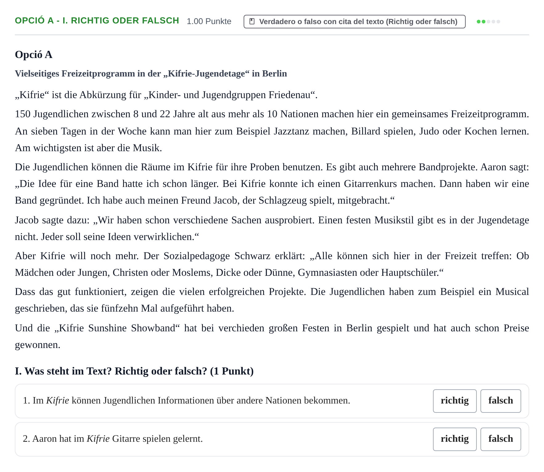 Enunciado: Ejercicio Opció A - I. Richtig oder falsch · Alemán PAU Baleares Ordinaria 2023