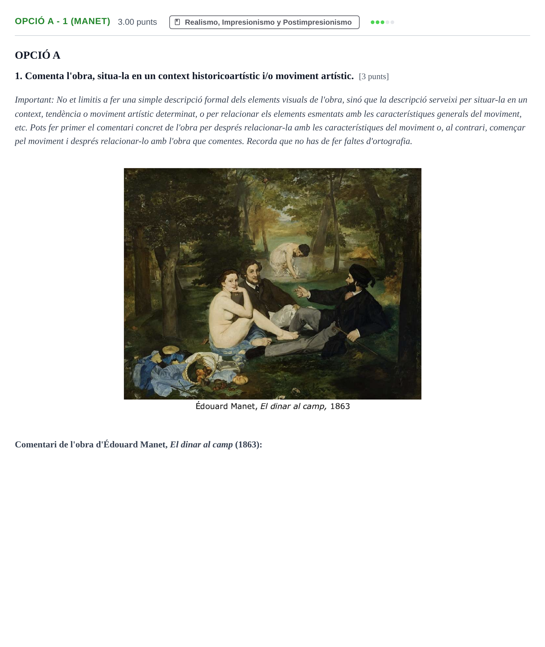 Enunciado: Ejercicio Opció A - 1 (Manet) · Fundamentos Artísticos PAU Baleares Extraordinaria 2023