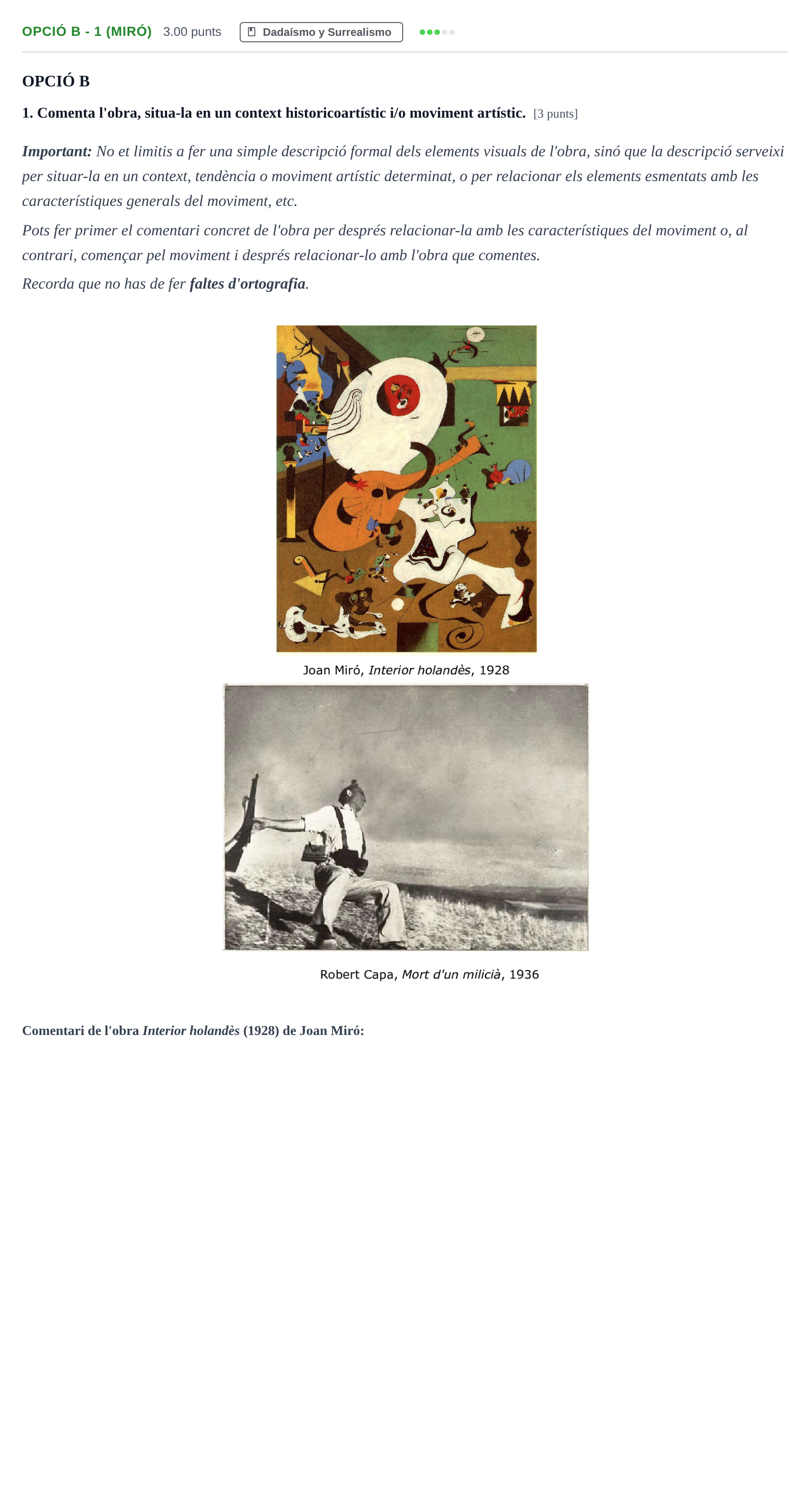 Enunciado: Ejercicio Opció B - 1 (Miró) · Fundamentos Artísticos PAU Baleares Extraordinaria 2023