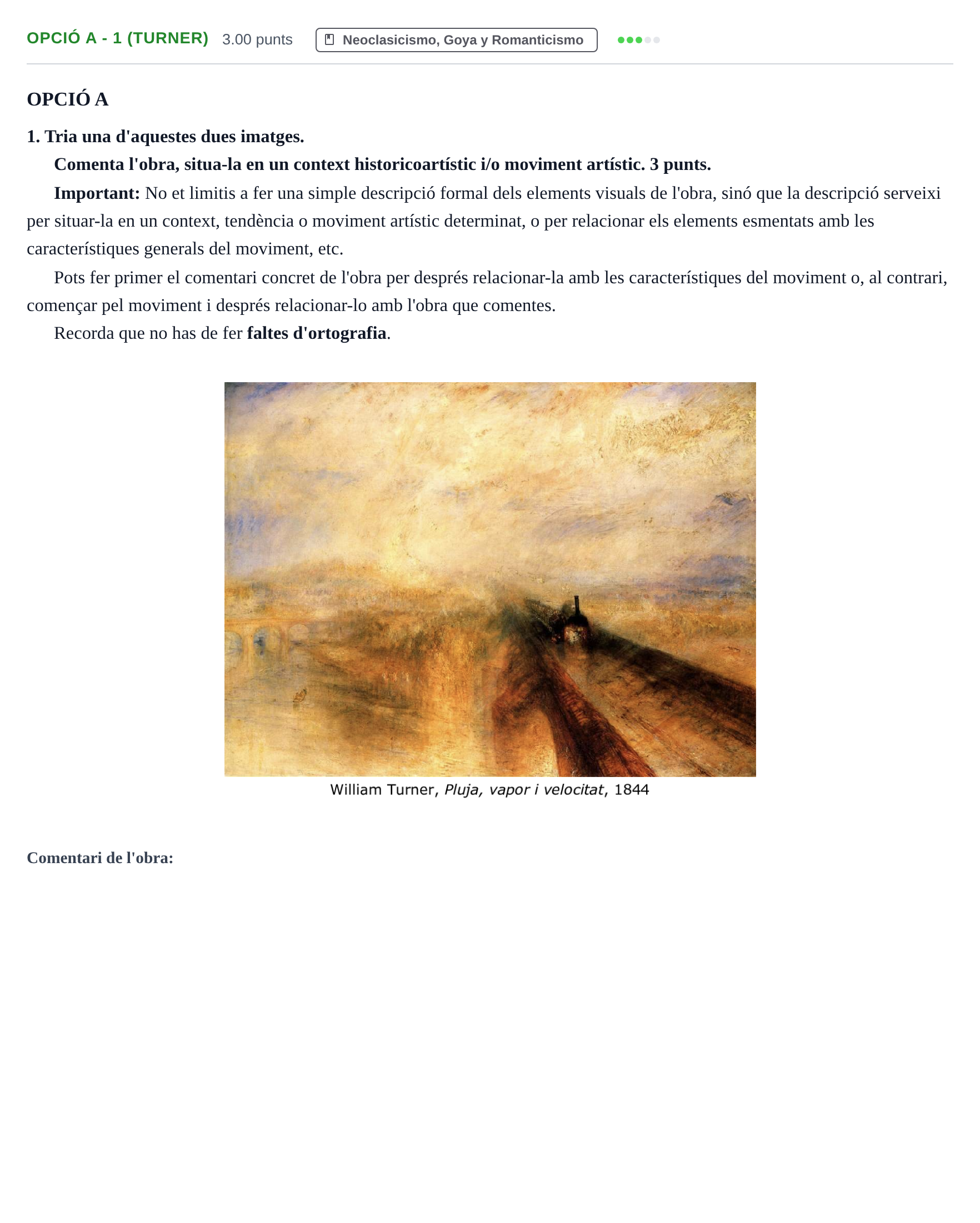 Enunciado: Ejercicio Opció A - 1 (Turner) · Fundamentos Artísticos PAU Baleares Ordinaria 2023