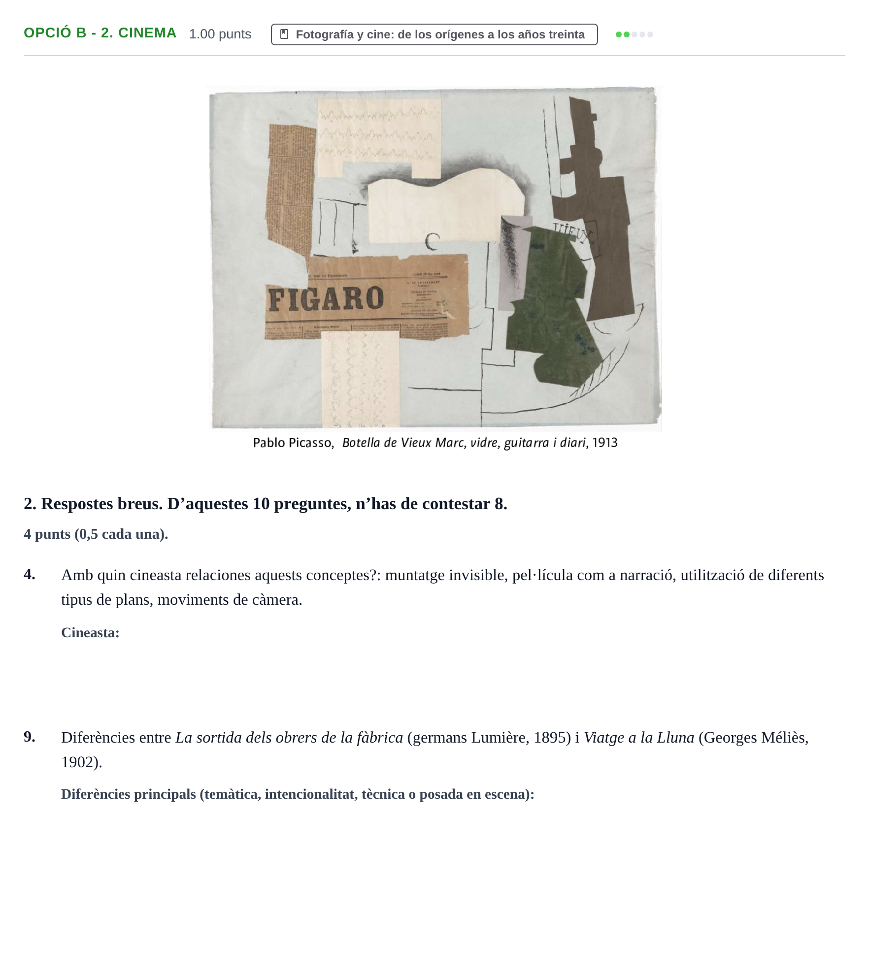 Enunciado: Ejercicio Opció B - 2. Cinema · Fundamentos Artísticos PAU Baleares Ordinaria 2023