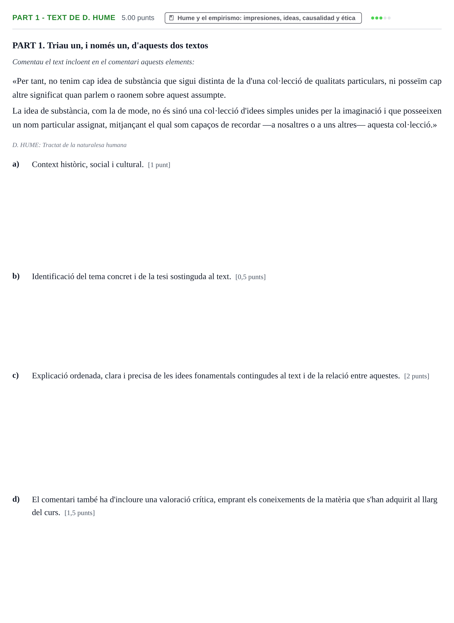 Enunciado: Part 1 - Text de D. Hume · Historia de la Filosofía PAU Baleares Extraordinaria 2023