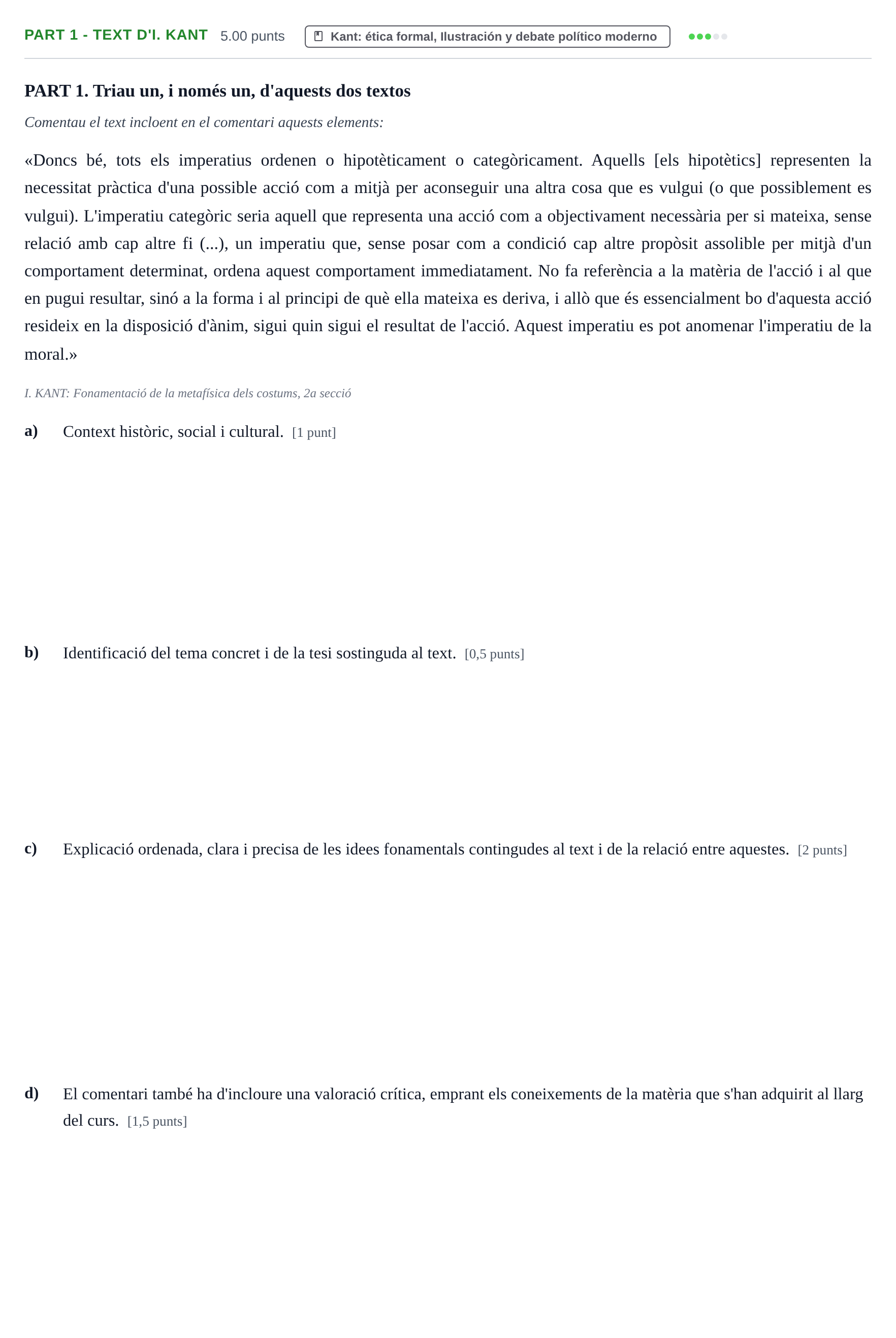 Enunciado: Part 1 - Text d'I. Kant · Historia de la Filosofía PAU Baleares Extraordinaria 2023