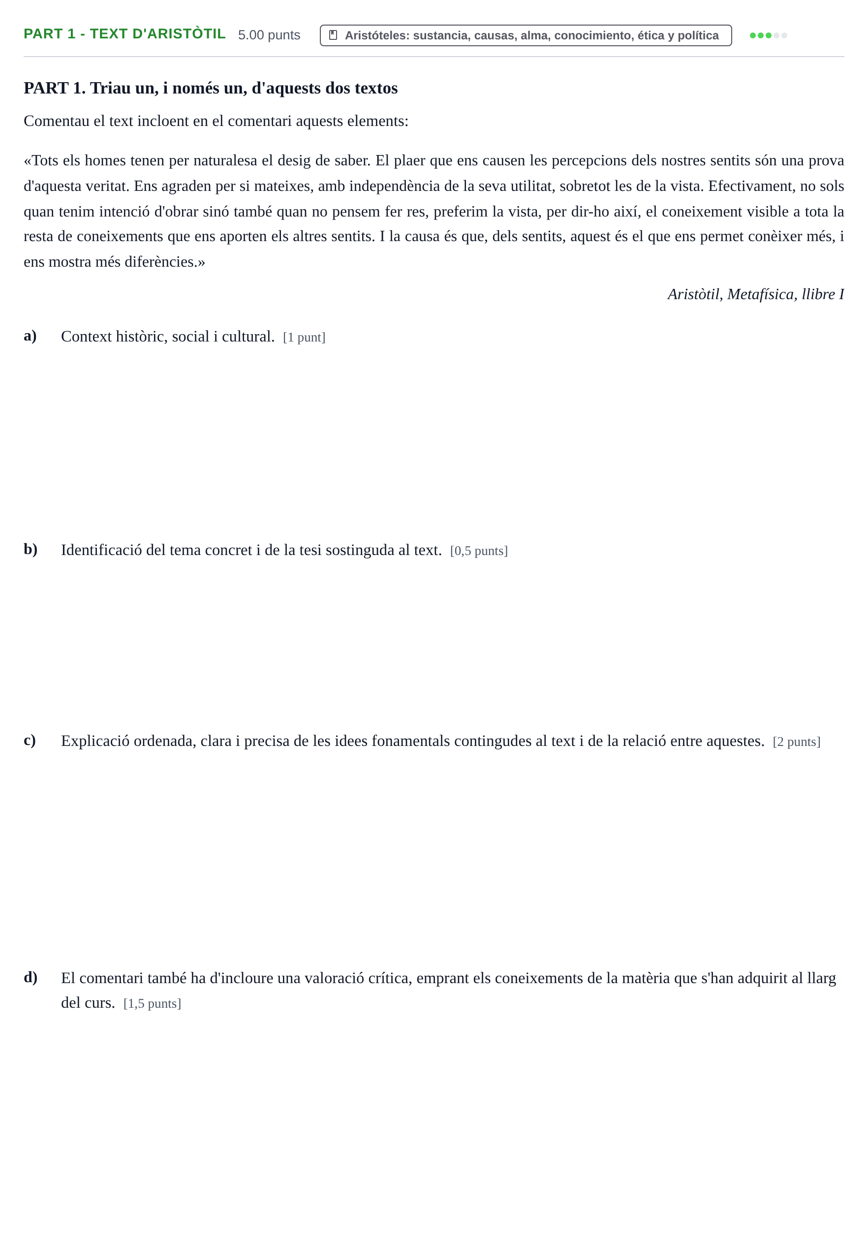 Enunciado: Part 1 - Text d'Aristòtil · Historia de la Filosofía PAU Baleares Ordinaria 2023