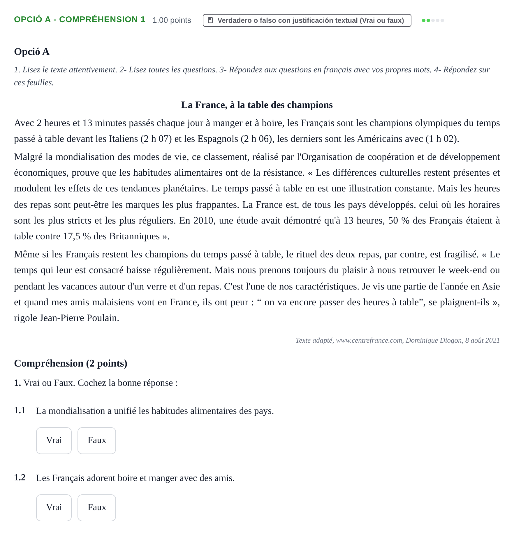 Enunciado: Ejercicio Opció A - Compréhension 1 · Francés PAU Baleares Extraordinaria 2023
