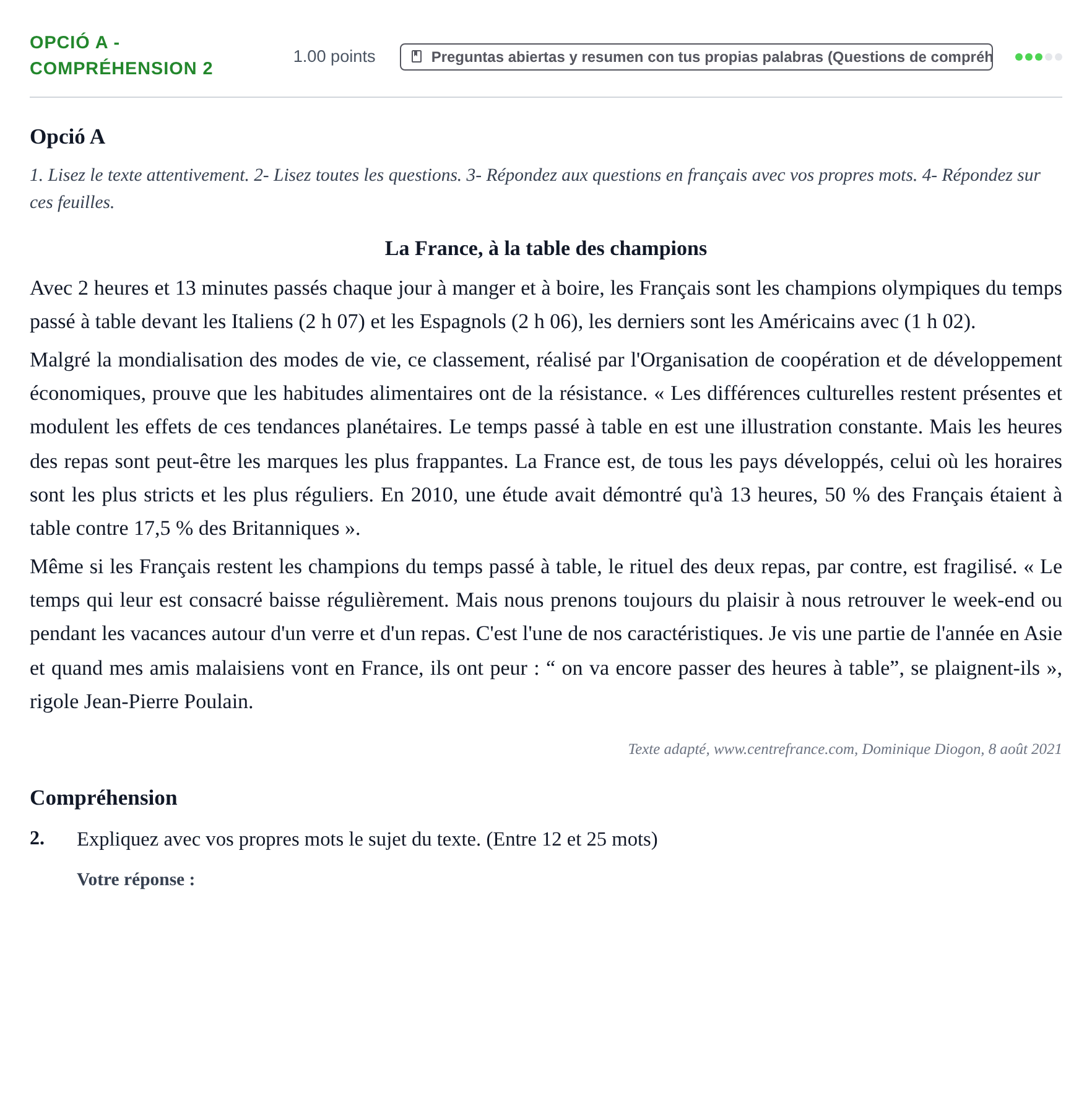 Enunciado: Ejercicio Opció A - Compréhension 2 · Francés PAU Baleares Extraordinaria 2023