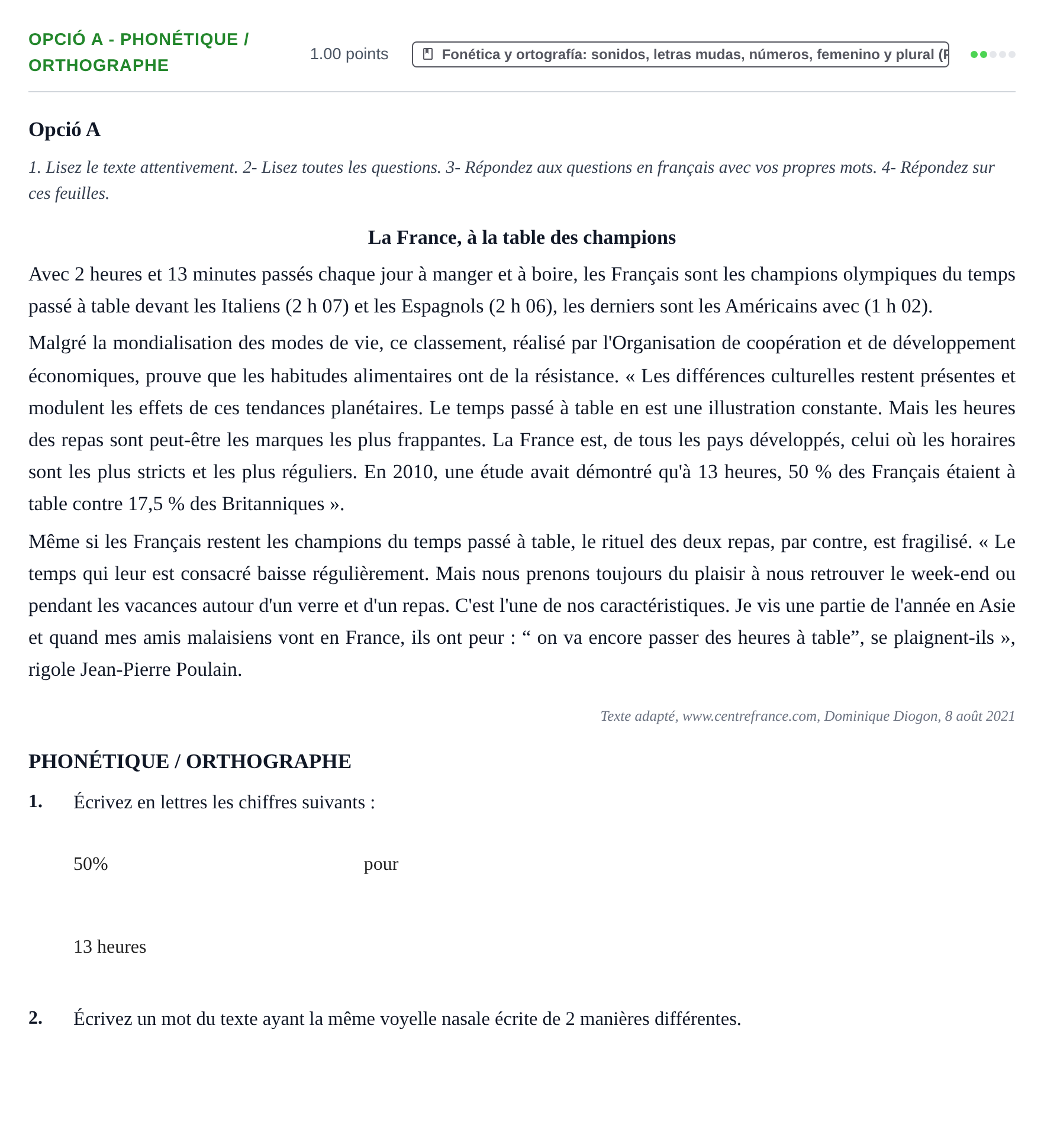 Enunciado: Ejercicio Opció A - Phonétique / Orthographe · Francés PAU Baleares Extraordinaria 2023