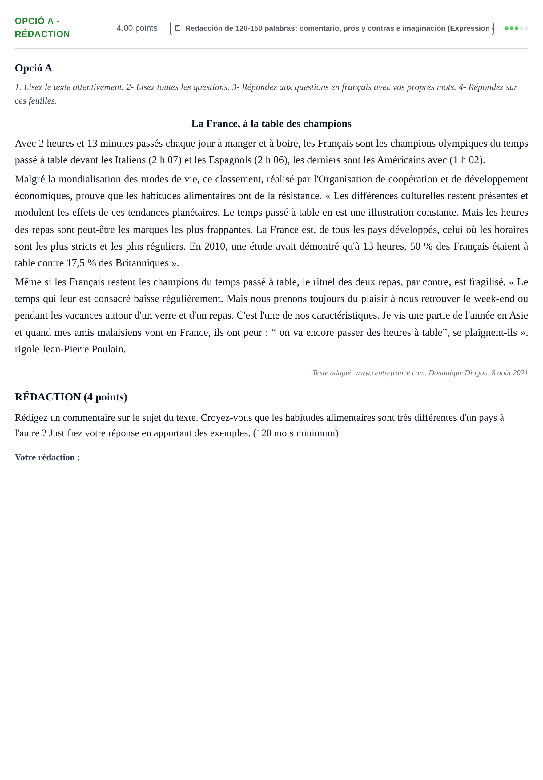 Enunciado: Ejercicio Opció A - Rédaction · Francés PAU Baleares Extraordinaria 2023
