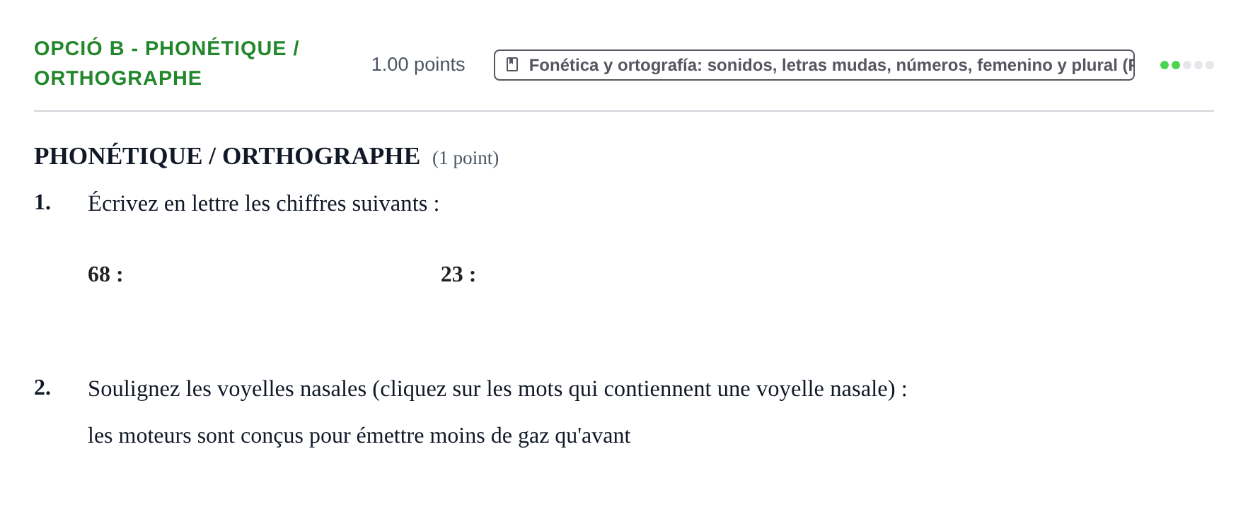 Enunciado: Ejercicio Opció B - Phonétique / Orthographe · Francés PAU Baleares Extraordinaria 2023