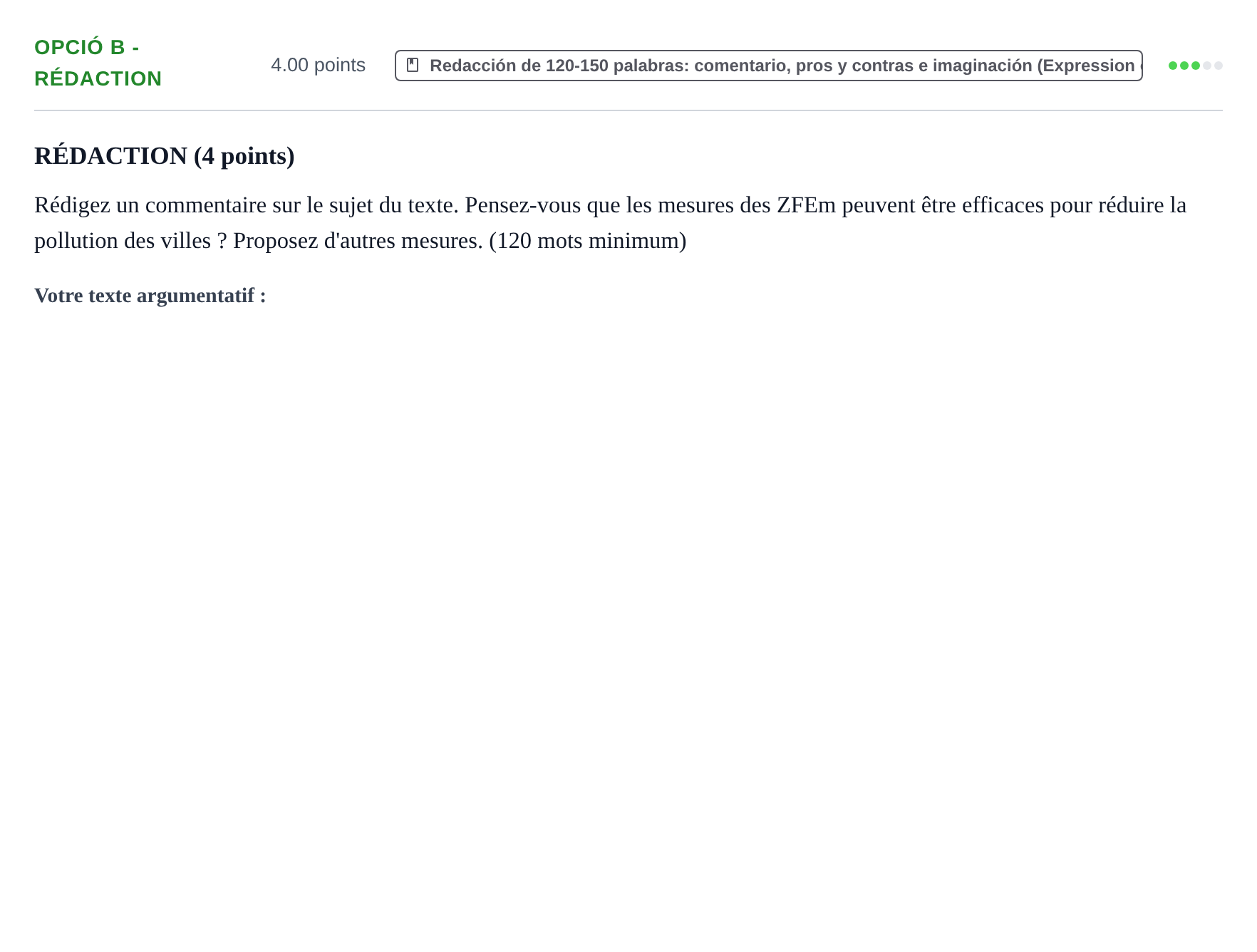 Enunciado: Ejercicio Opció B - Rédaction · Francés PAU Baleares Extraordinaria 2023
