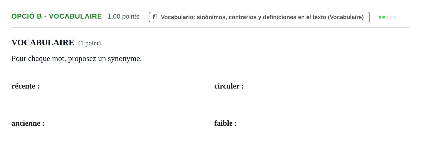 Enunciado: Ejercicio Opció B - Vocabulaire · Francés PAU Baleares Extraordinaria 2023
