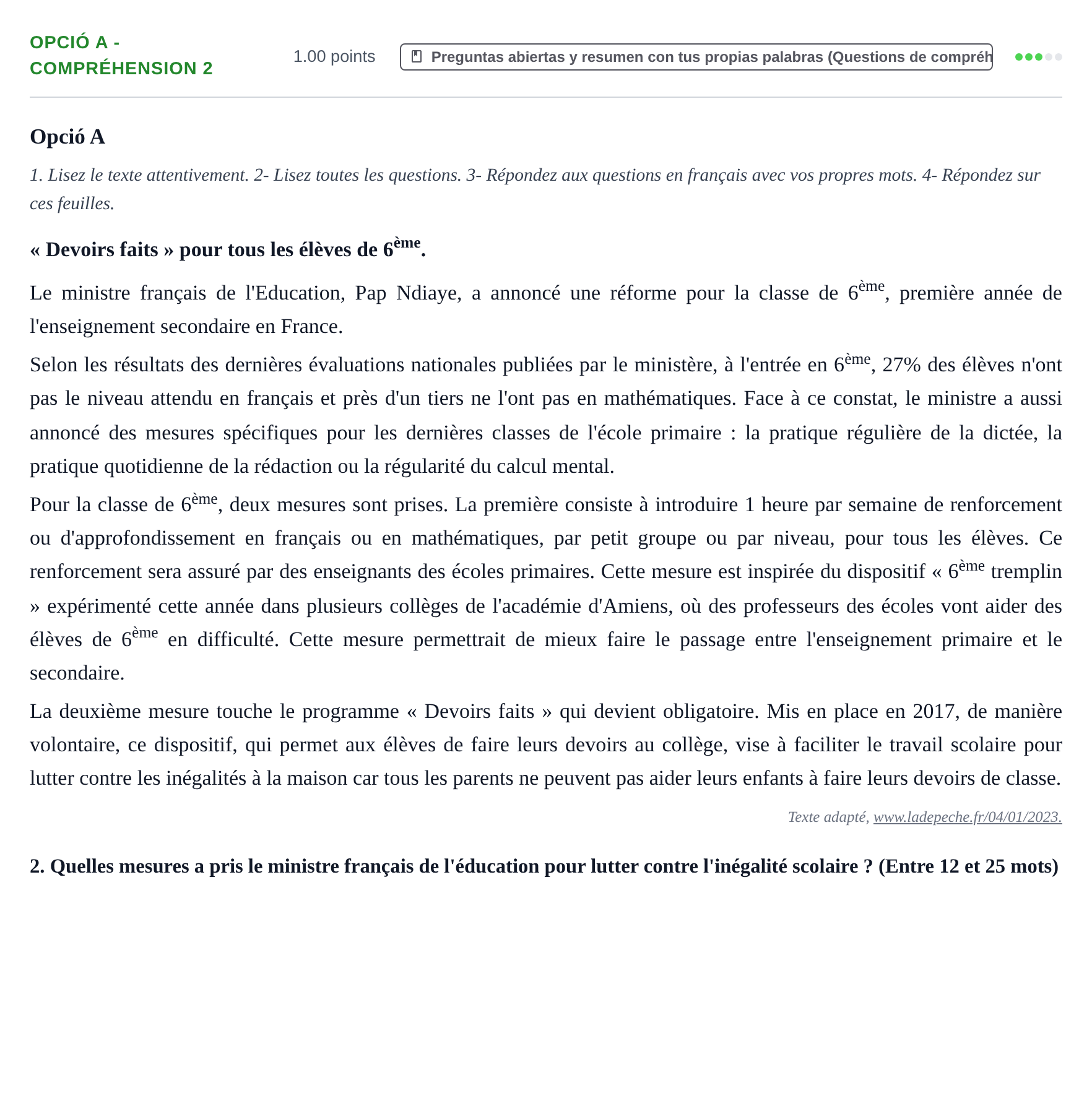 Enunciado: Ejercicio Opció A - Compréhension 2 · Francés PAU Baleares Ordinaria 2023
