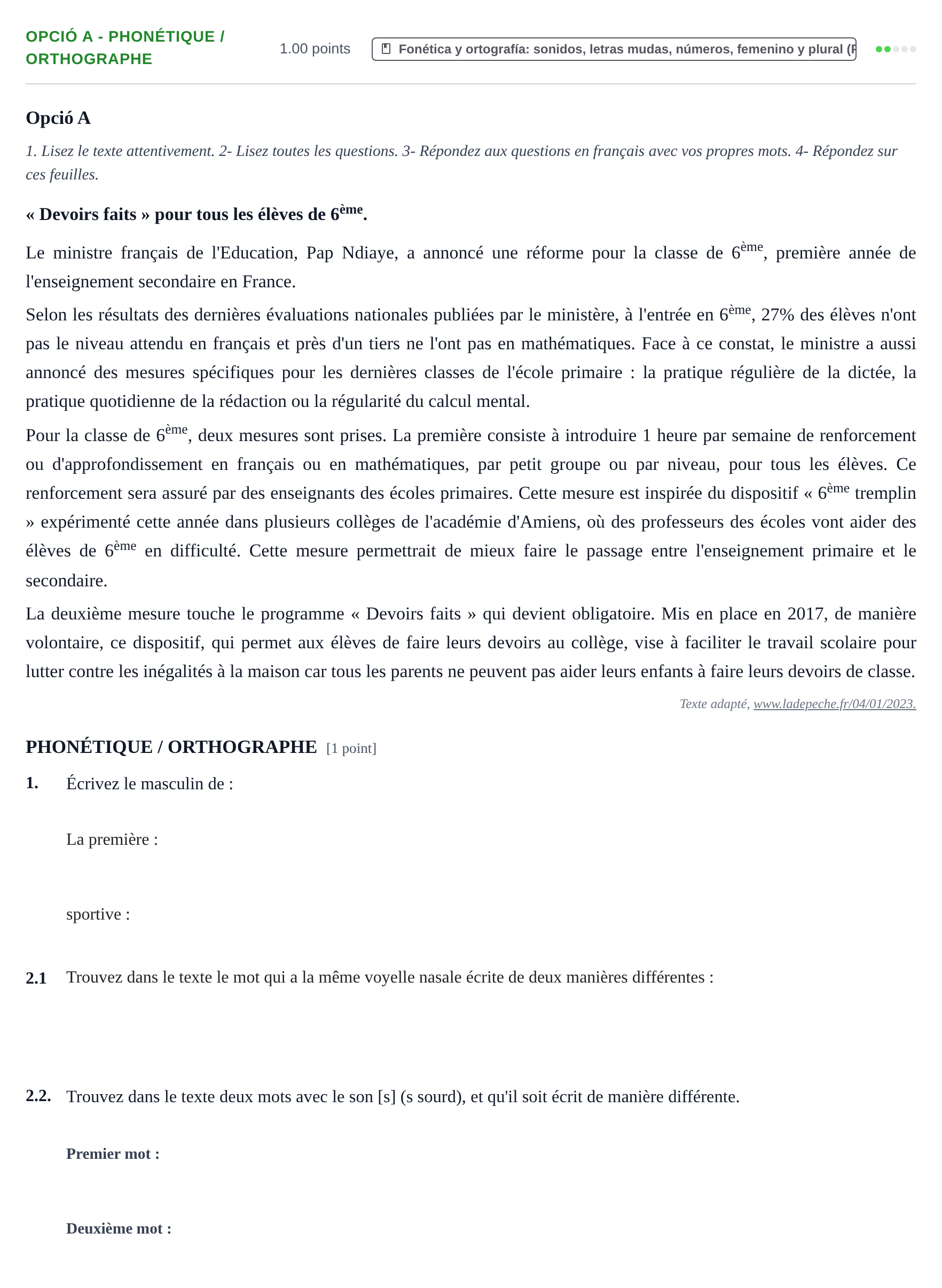 Enunciado: Ejercicio Opció A - Phonétique / Orthographe · Francés PAU Baleares Ordinaria 2023