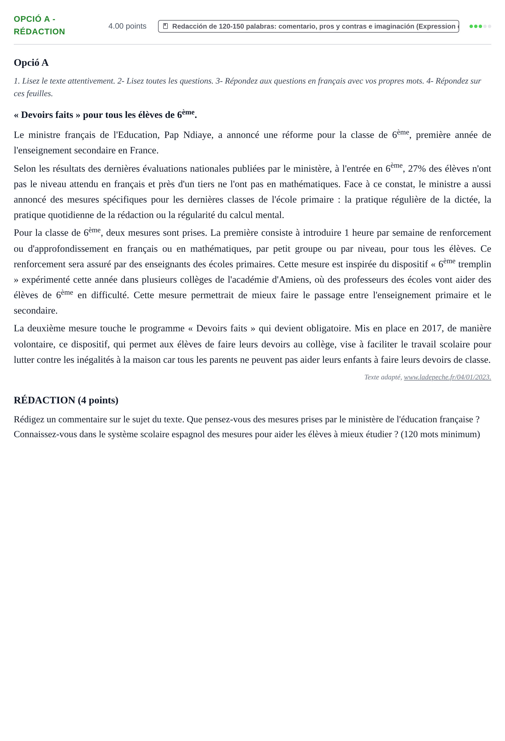 Enunciado: Ejercicio Opció A - Rédaction · Francés PAU Baleares Ordinaria 2023
