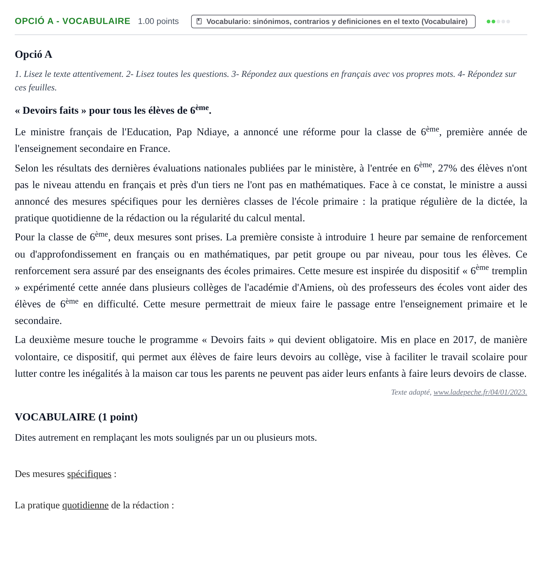 Enunciado: Ejercicio Opció A - Vocabulaire · Francés PAU Baleares Ordinaria 2023