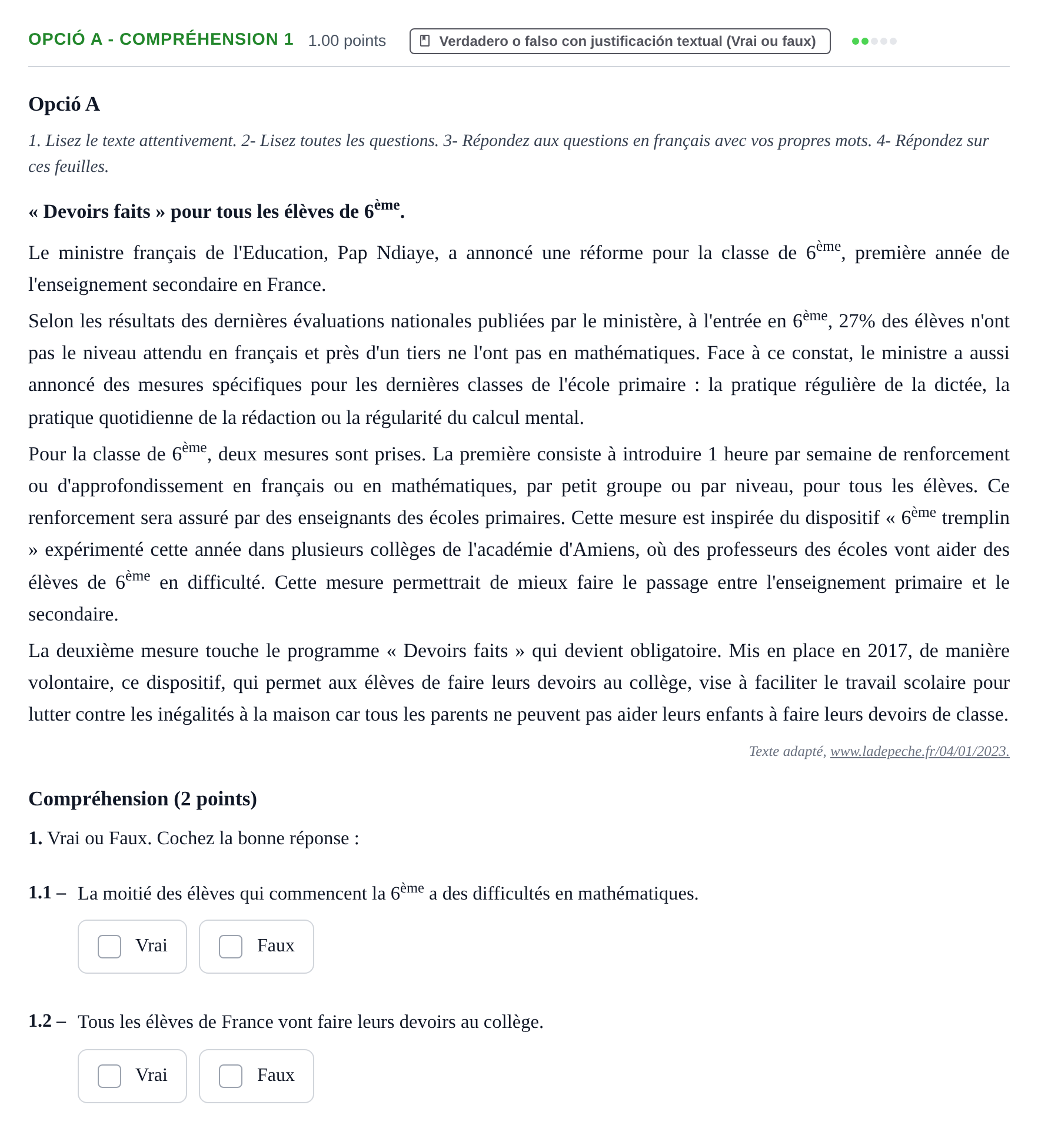 Enunciado: Ejercicio Opció A - Compréhension 1 · Francés PAU Baleares Ordinaria 2023