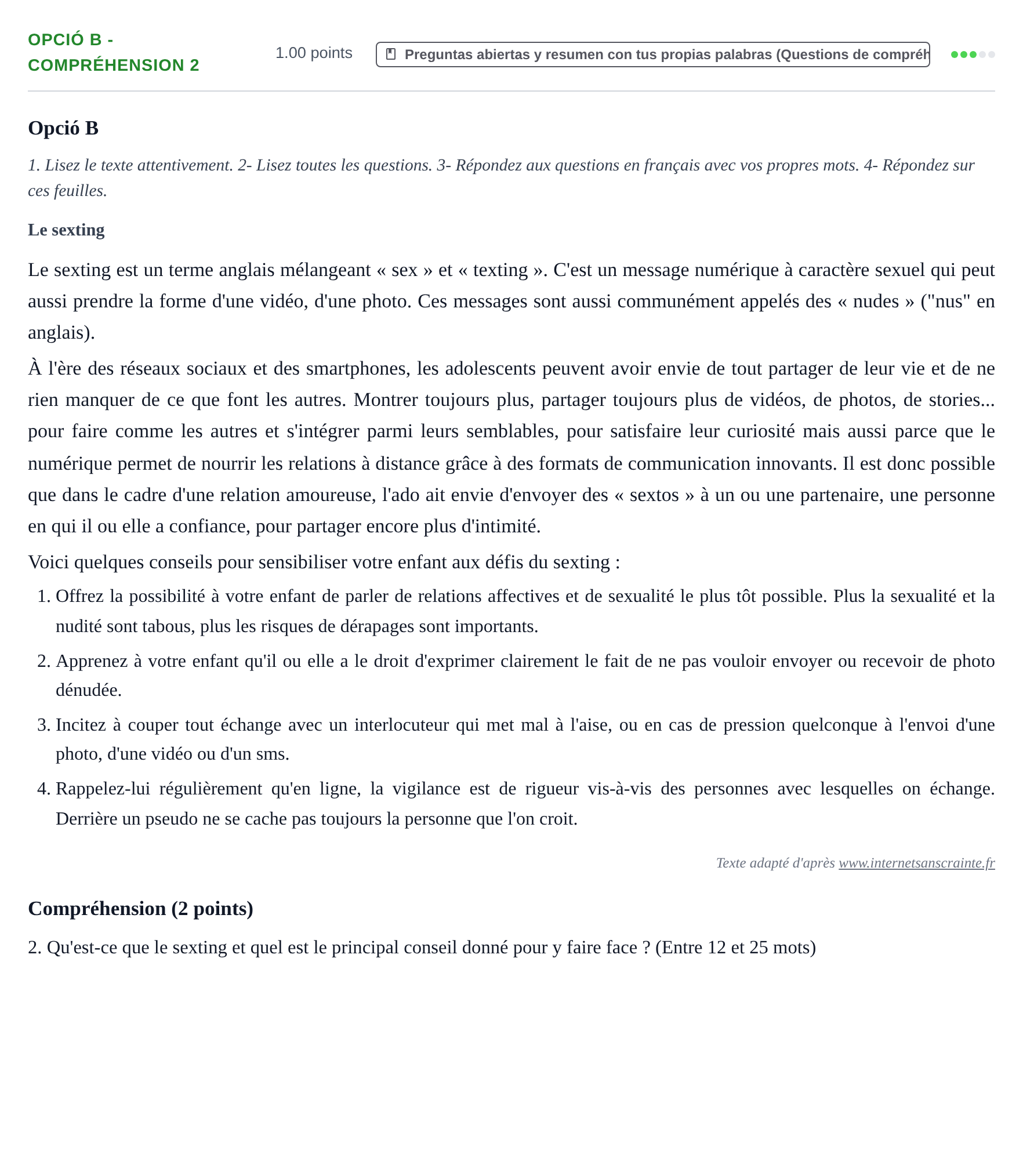 Enunciado: Ejercicio Opció B - Compréhension 2 · Francés PAU Baleares Ordinaria 2023