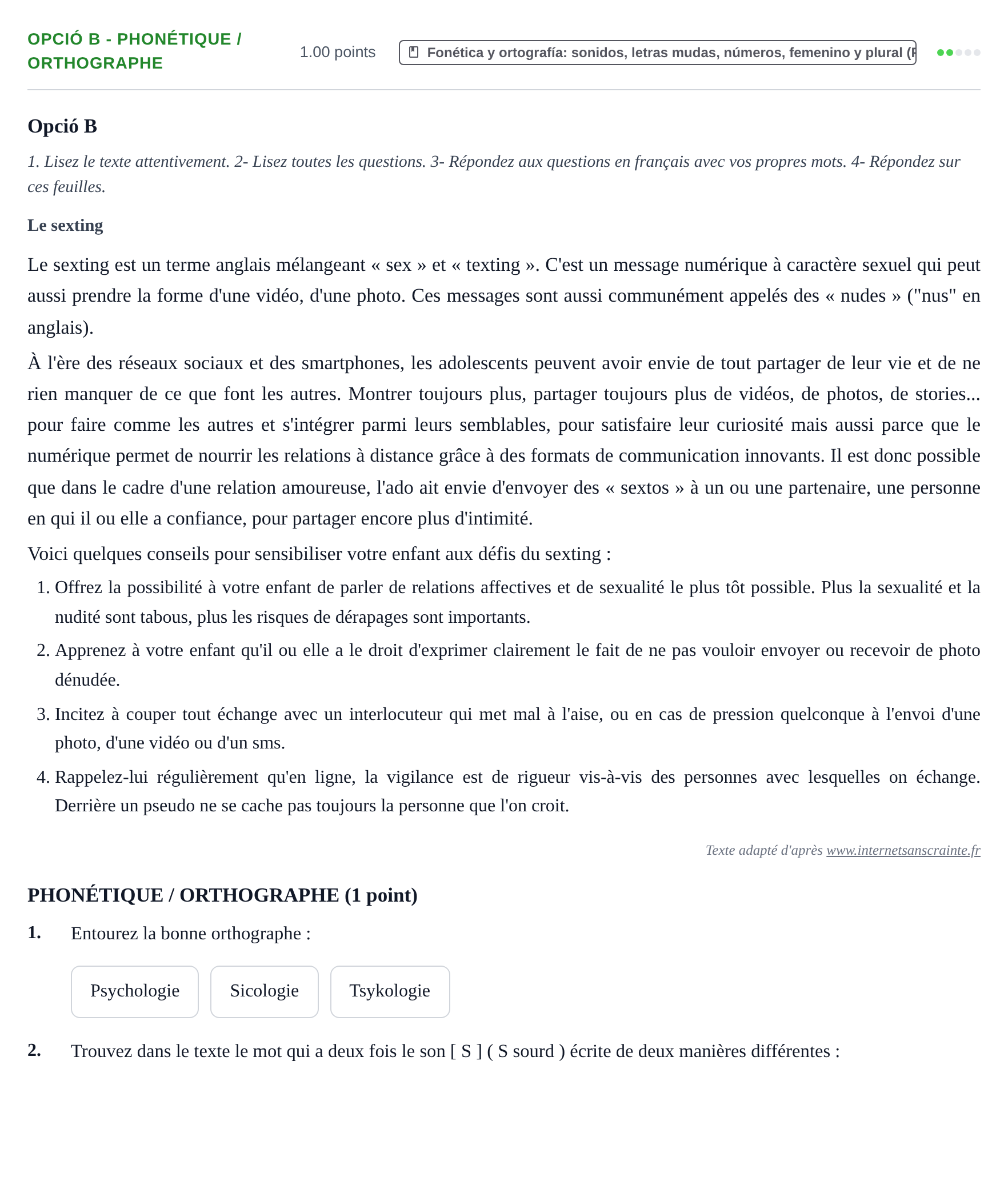Enunciado: Ejercicio Opció B - Phonétique / Orthographe · Francés PAU Baleares Ordinaria 2023