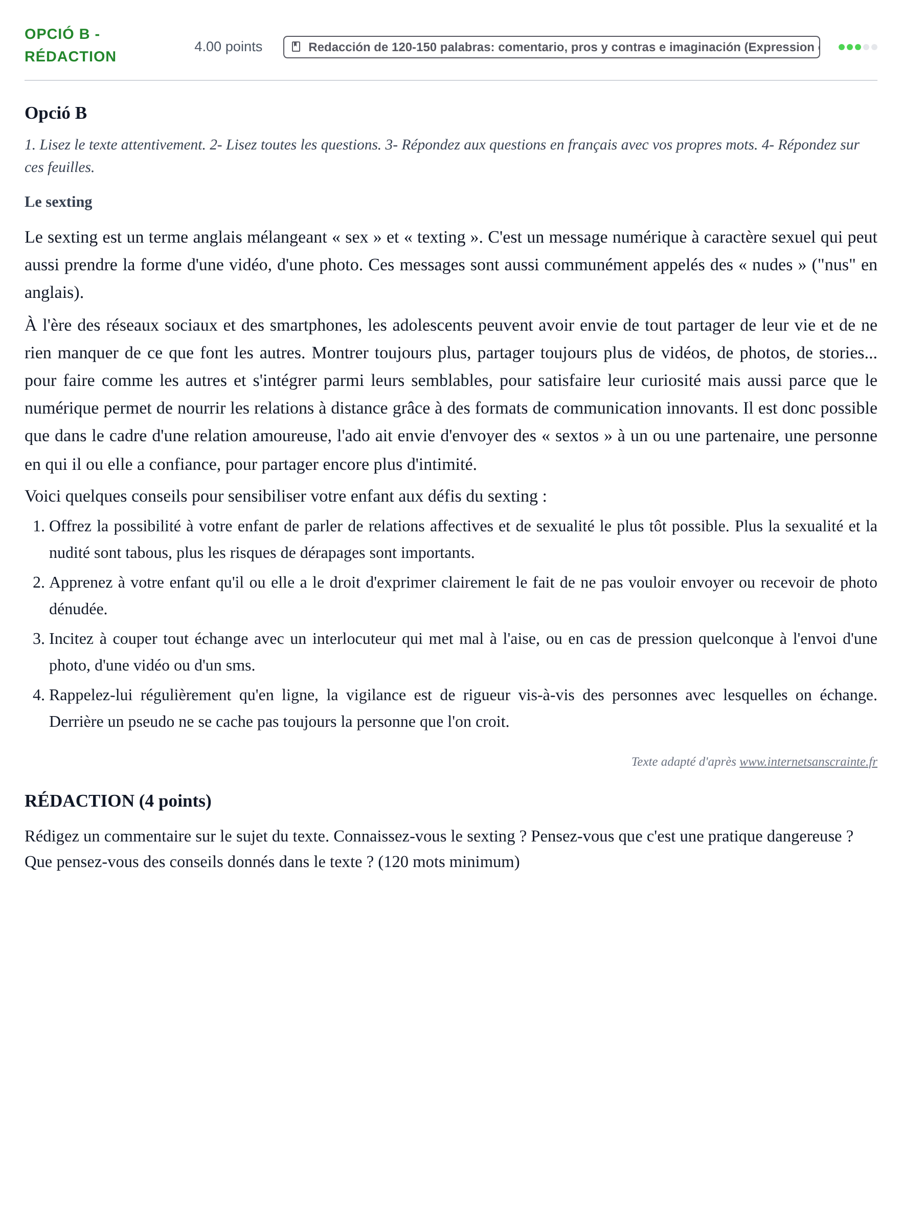 Enunciado: Ejercicio Opció B - Rédaction · Francés PAU Baleares Ordinaria 2023