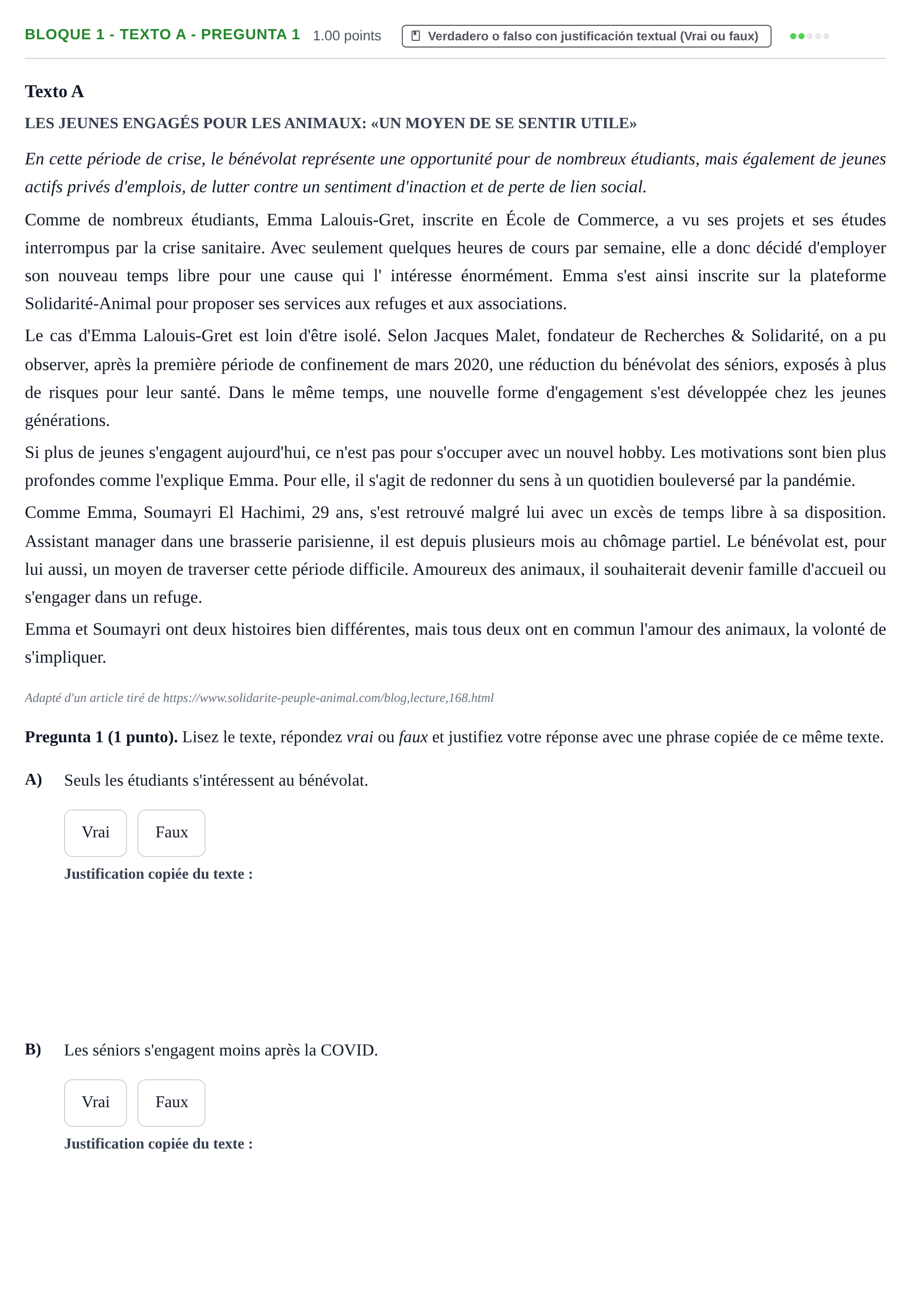 Enunciado: Bloque 1 - Texto A - Pregunta 1 · Francés PAU La Rioja Extraordinaria 2024