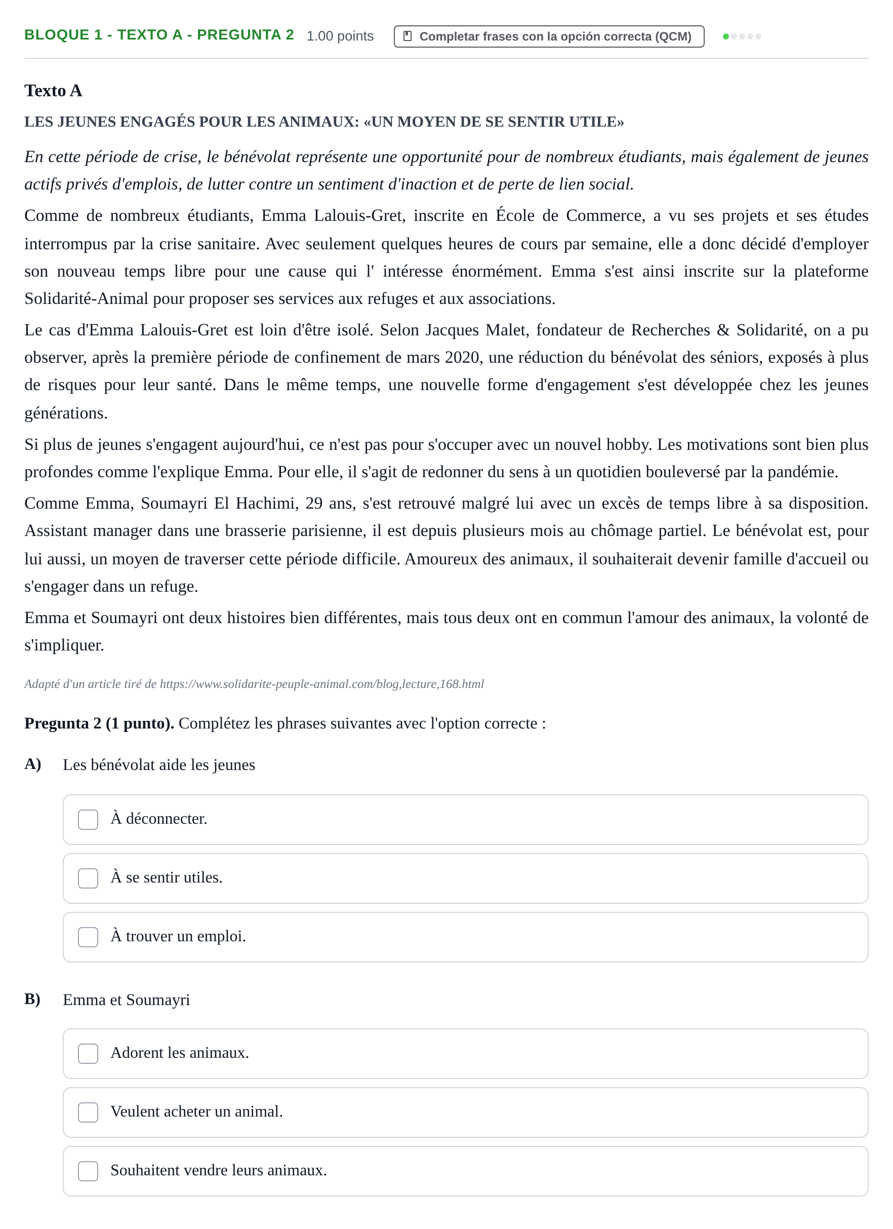 Enunciado: Bloque 1 - Texto A - Pregunta 2 · Francés PAU La Rioja Extraordinaria 2024