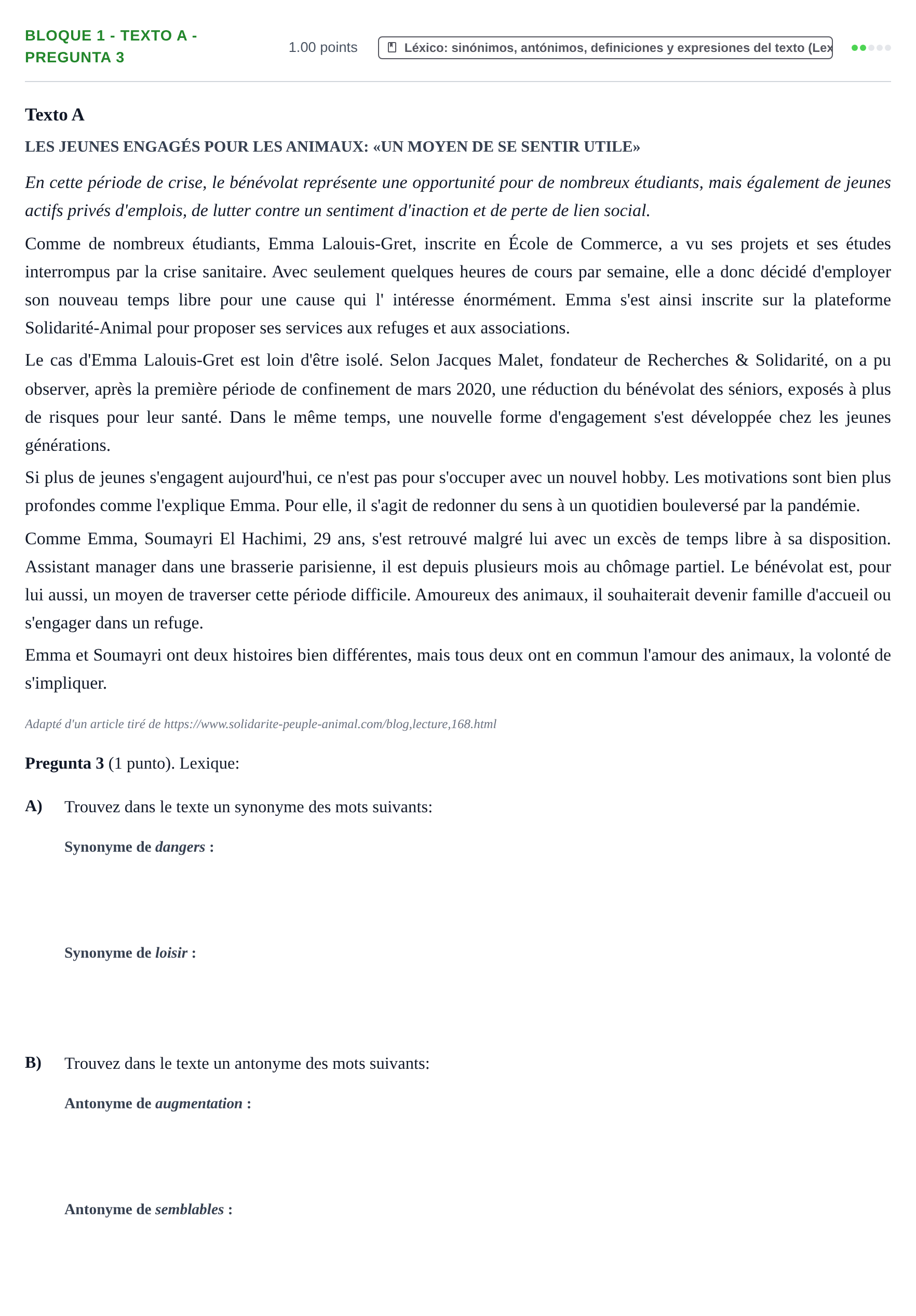 Enunciado: Bloque 1 - Texto A - Pregunta 3 · Francés PAU La Rioja Extraordinaria 2024