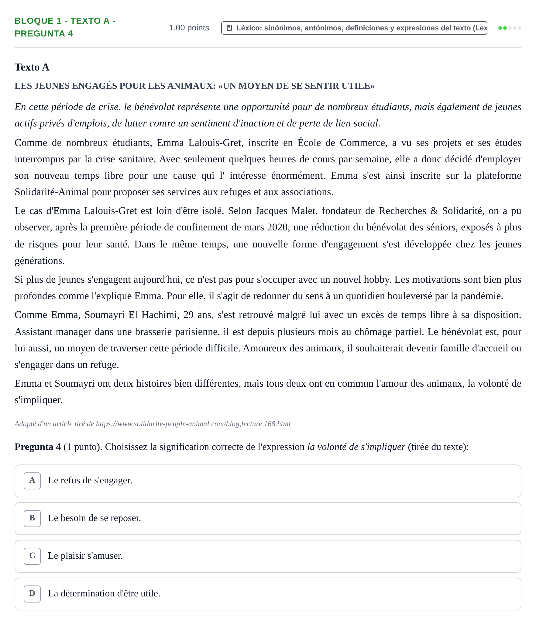 Enunciado: Bloque 1 - Texto A - Pregunta 4 · Francés PAU La Rioja Extraordinaria 2024