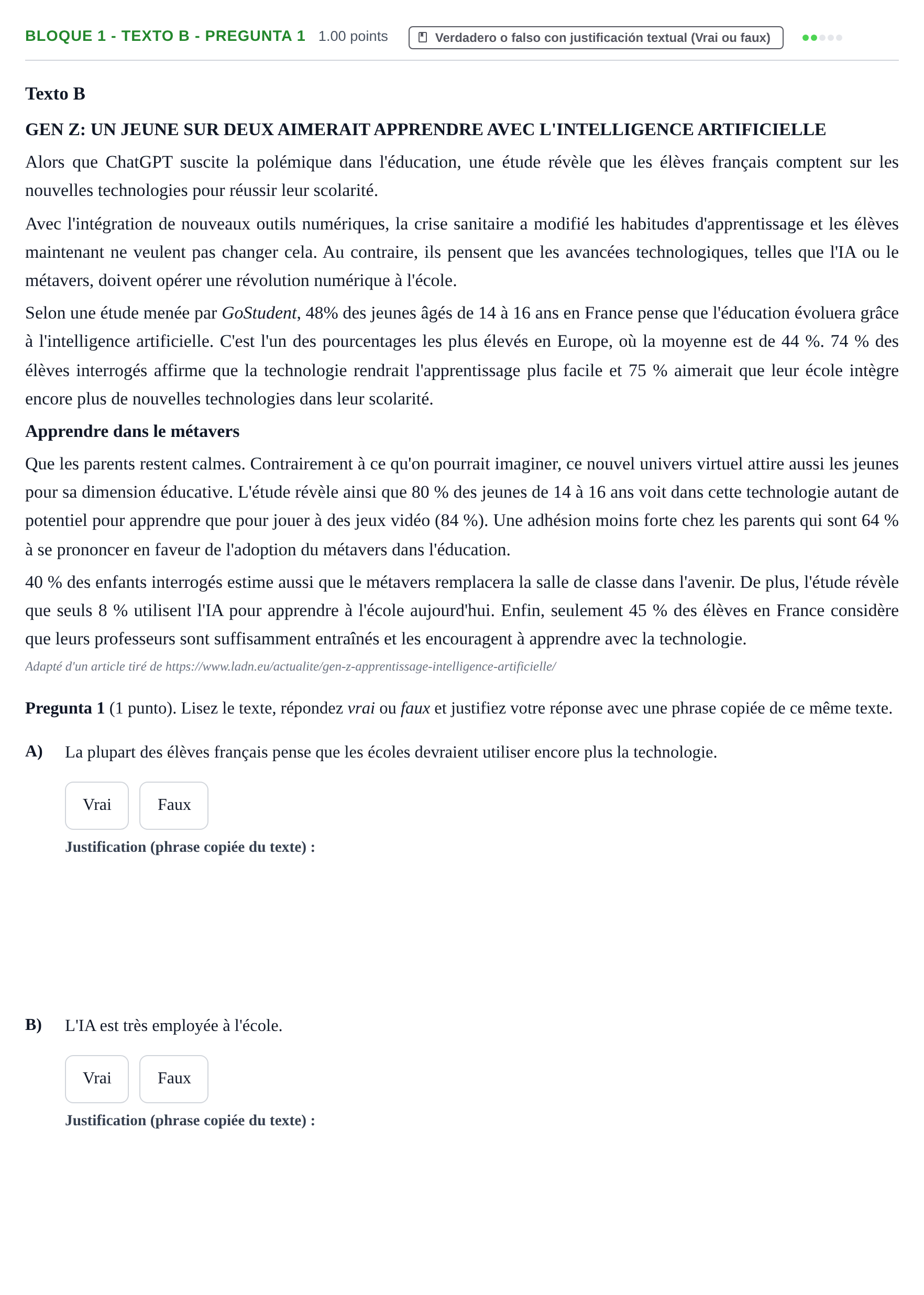 Enunciado: Bloque 1 - Texto B - Pregunta 1 · Francés PAU La Rioja Extraordinaria 2024