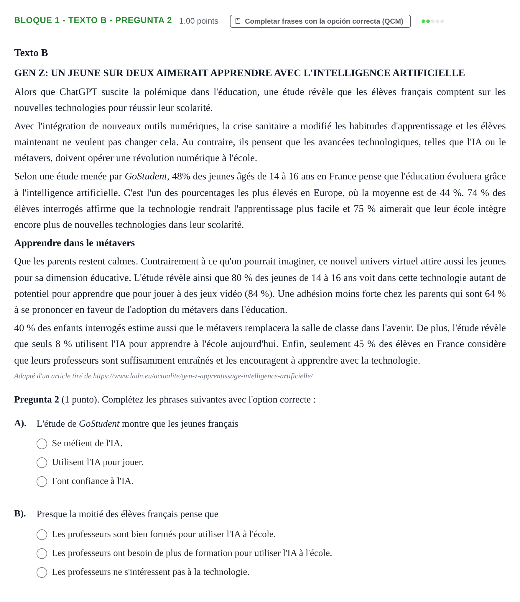 Enunciado: Bloque 1 - Texto B - Pregunta 2 · Francés PAU La Rioja Extraordinaria 2024