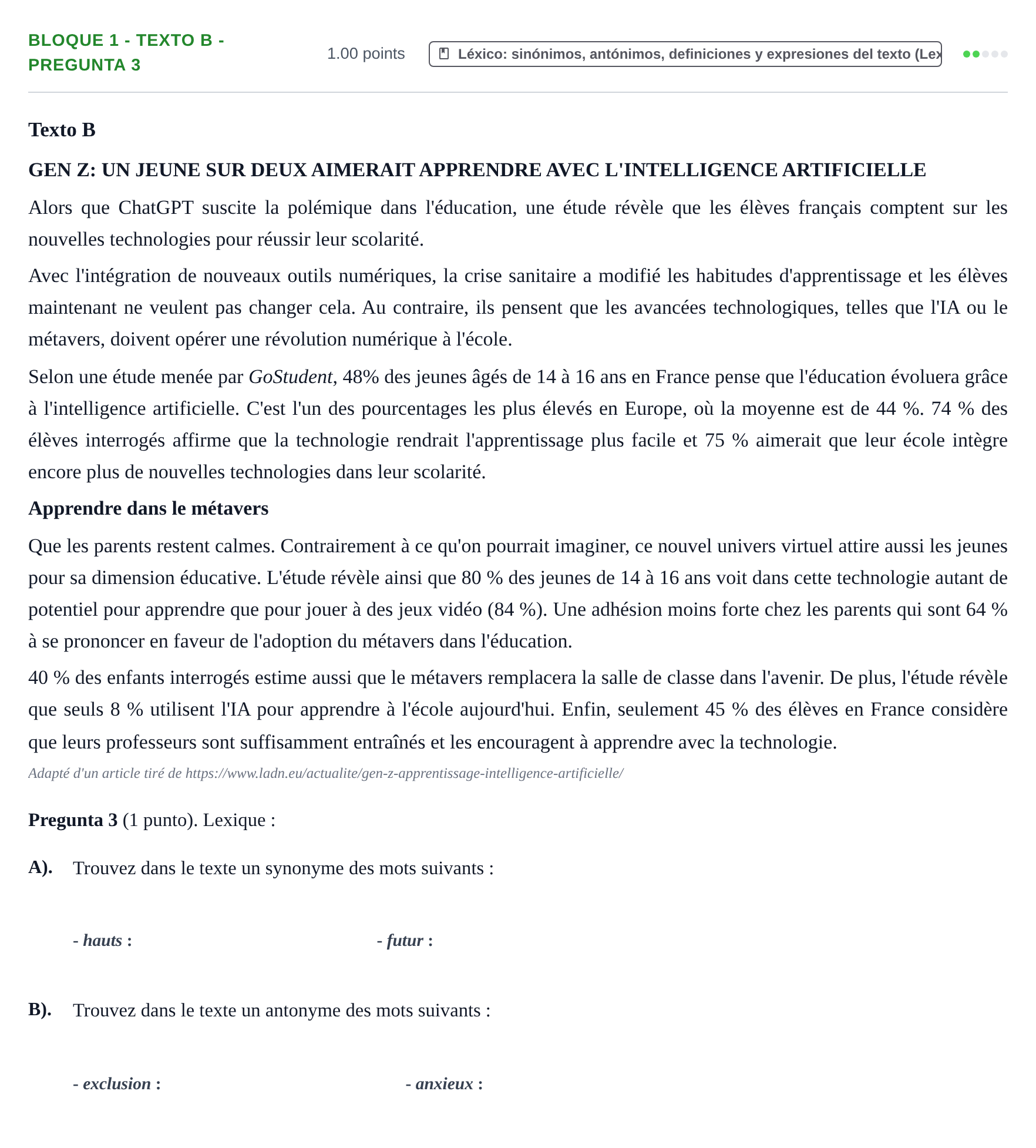 Enunciado: Bloque 1 - Texto B - Pregunta 3 · Francés PAU La Rioja Extraordinaria 2024
