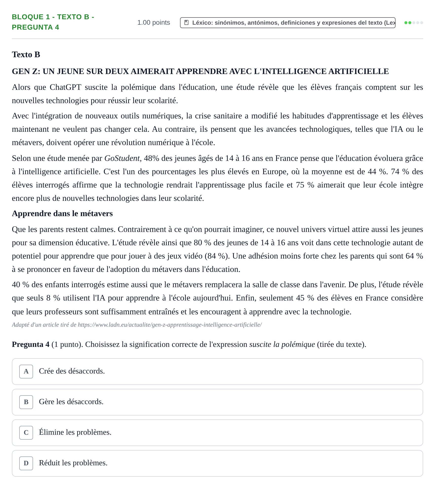 Enunciado: Bloque 1 - Texto B - Pregunta 4 · Francés PAU La Rioja Extraordinaria 2024