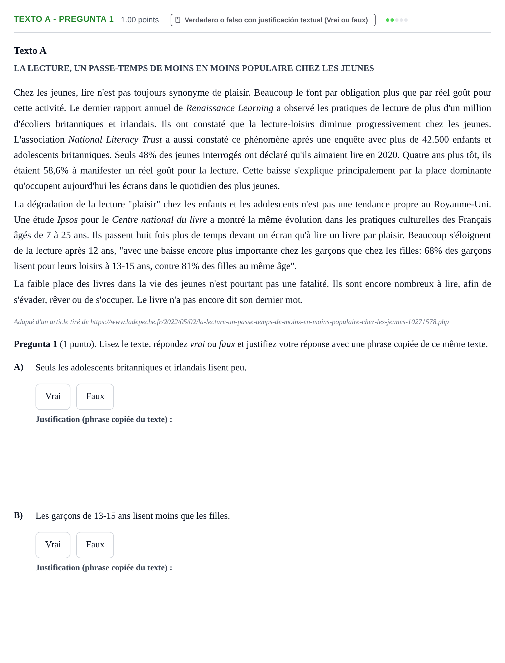 Enunciado: Ejercicio Texto A - Pregunta 1 · Francés PAU La Rioja Ordinaria 2024
