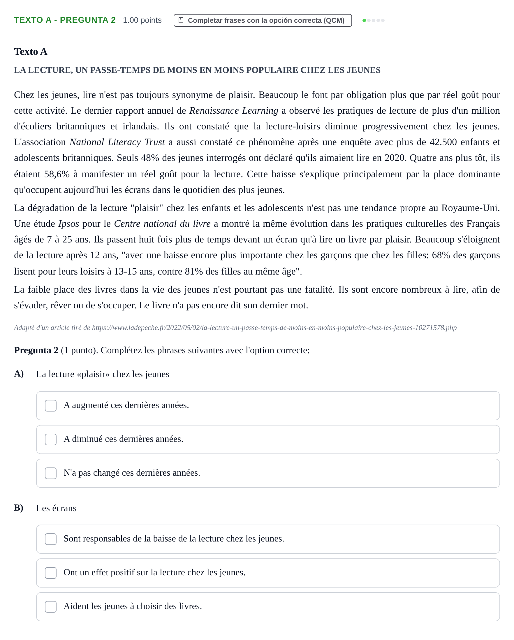 Enunciado: Ejercicio Texto A - Pregunta 2 · Francés PAU La Rioja Ordinaria 2024