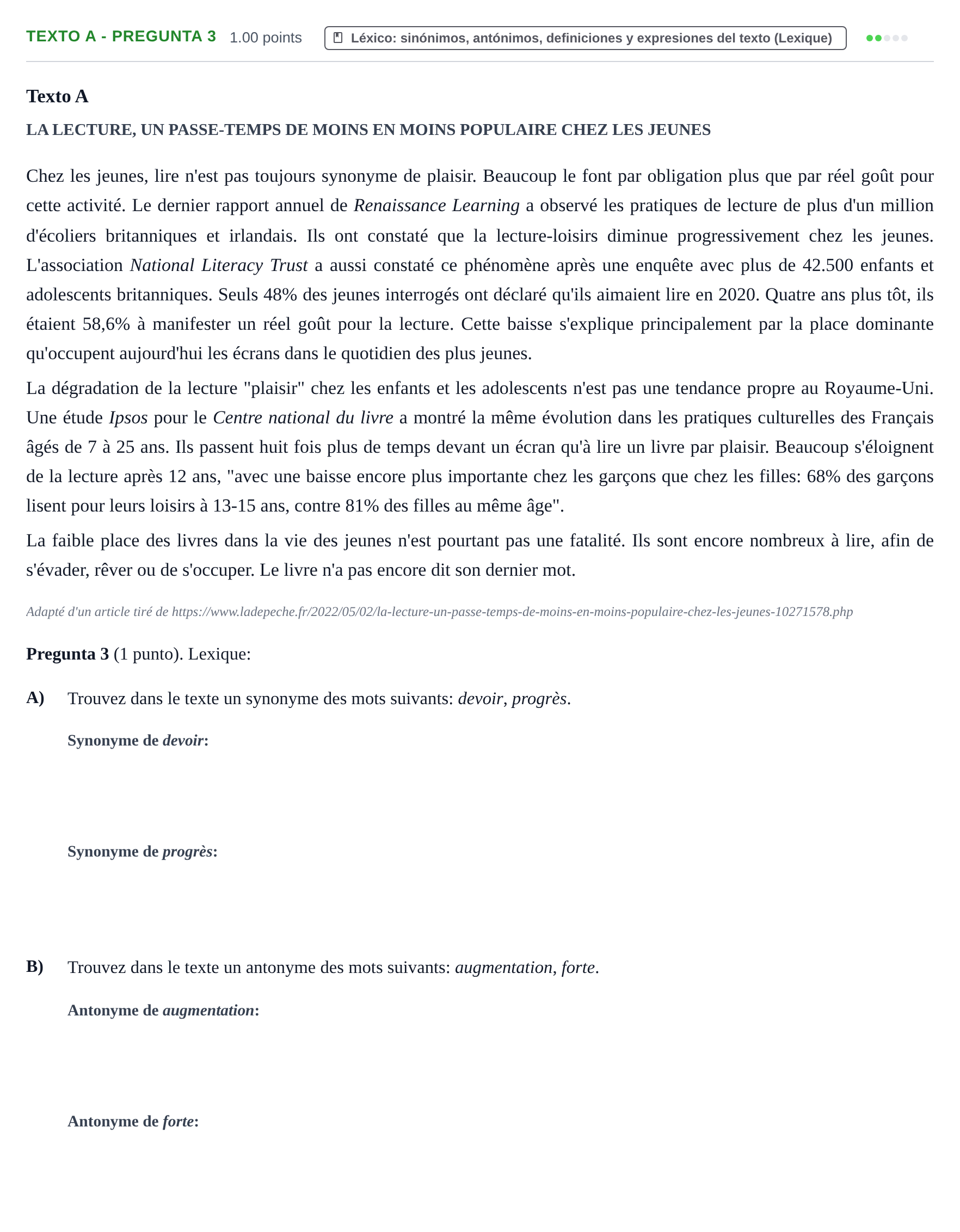Enunciado: Ejercicio Texto A - Pregunta 3 · Francés PAU La Rioja Ordinaria 2024