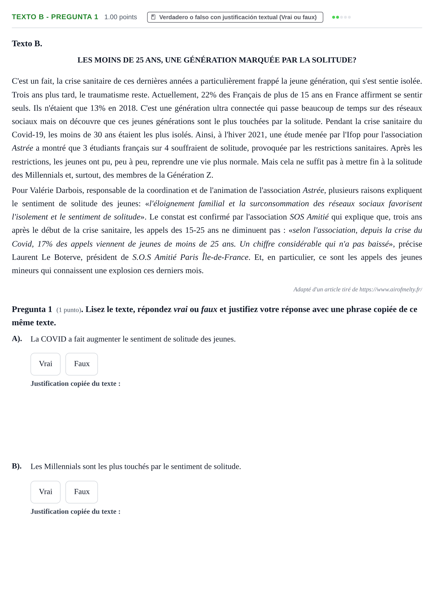Enunciado: Ejercicio Texto B - Pregunta 1 · Francés PAU La Rioja Ordinaria 2024