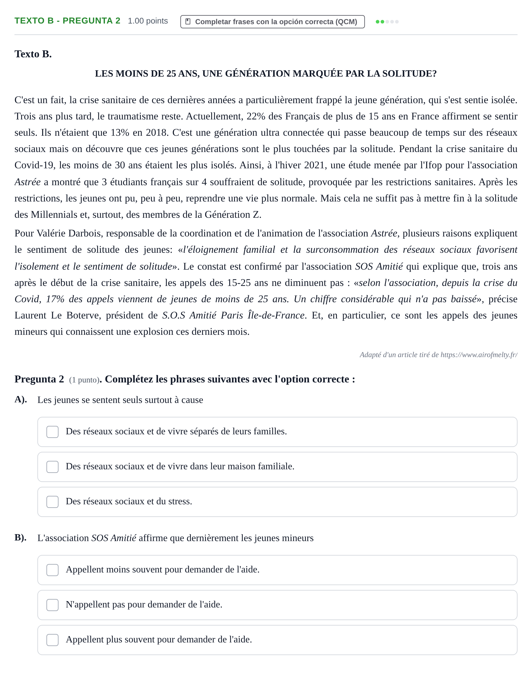 Enunciado: Ejercicio Texto B - Pregunta 2 · Francés PAU La Rioja Ordinaria 2024