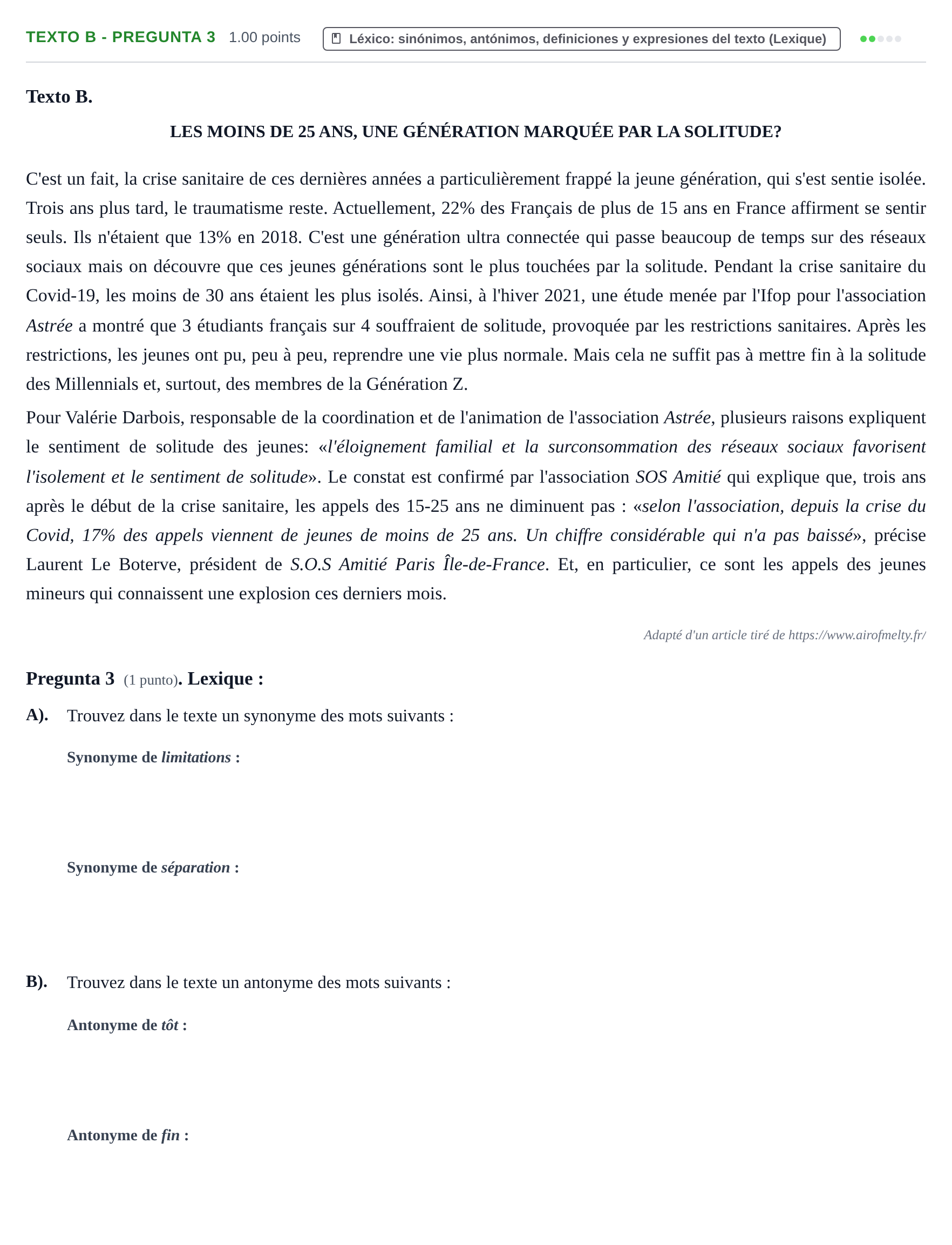 Enunciado: Ejercicio Texto B - Pregunta 3 · Francés PAU La Rioja Ordinaria 2024