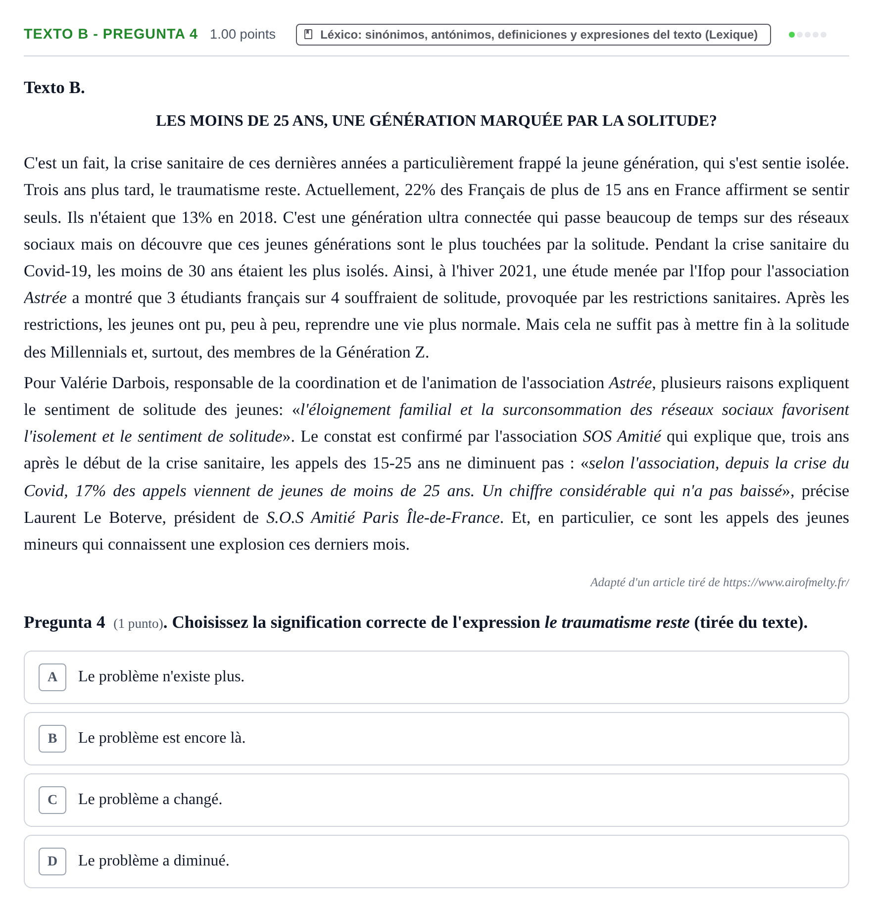 Enunciado: Ejercicio Texto B - Pregunta 4 · Francés PAU La Rioja Ordinaria 2024
