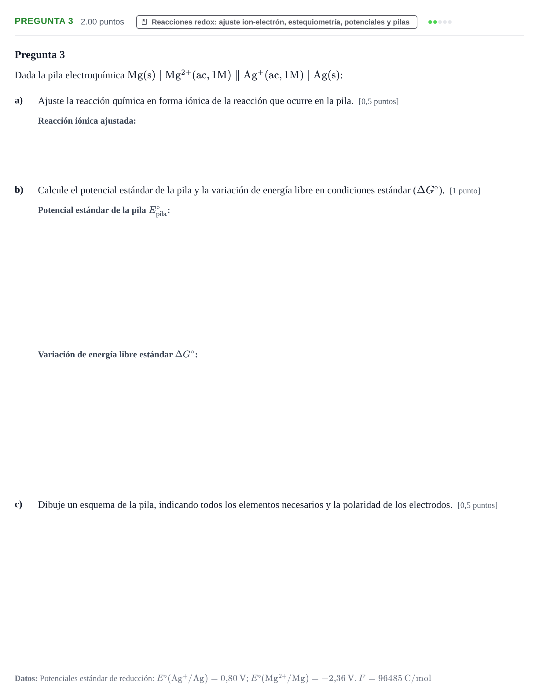 Enunciado: Pregunta 3 · Química PAU La Rioja Extraordinaria 2024